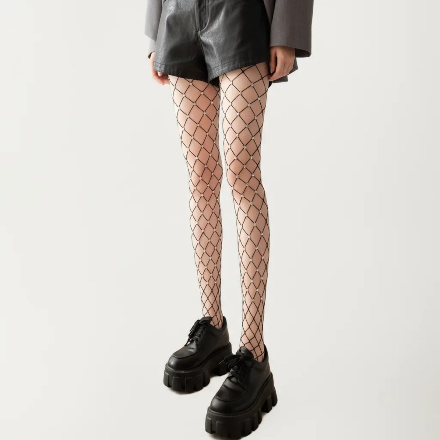 Rhinestone Fishnet Tights with Stretch Fit, Diamond Pattern Sheer Stockings