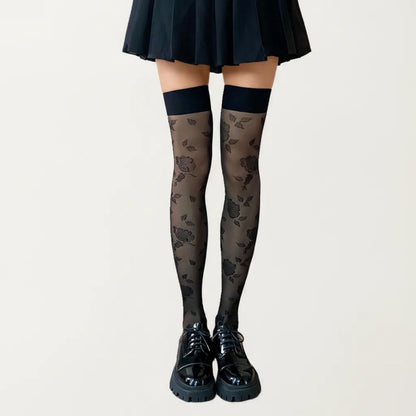 Sheer Floral Over The Knee Socks, Stretch Fit Lightweight Patterned Thigh High Stockings