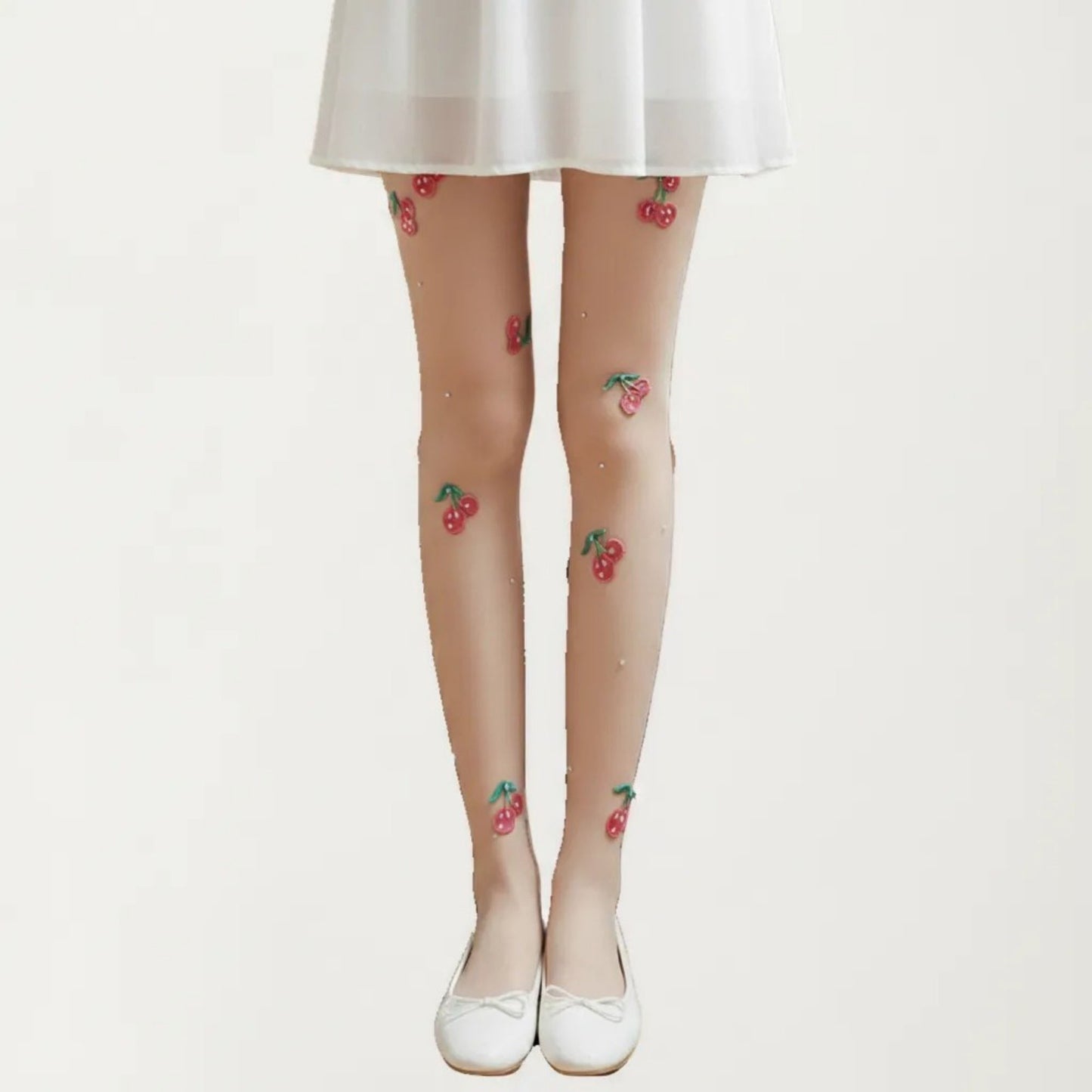 Sheer Cherry Embroidered Tights with Stretch Fit, Lightweight Pantyhose Stockings