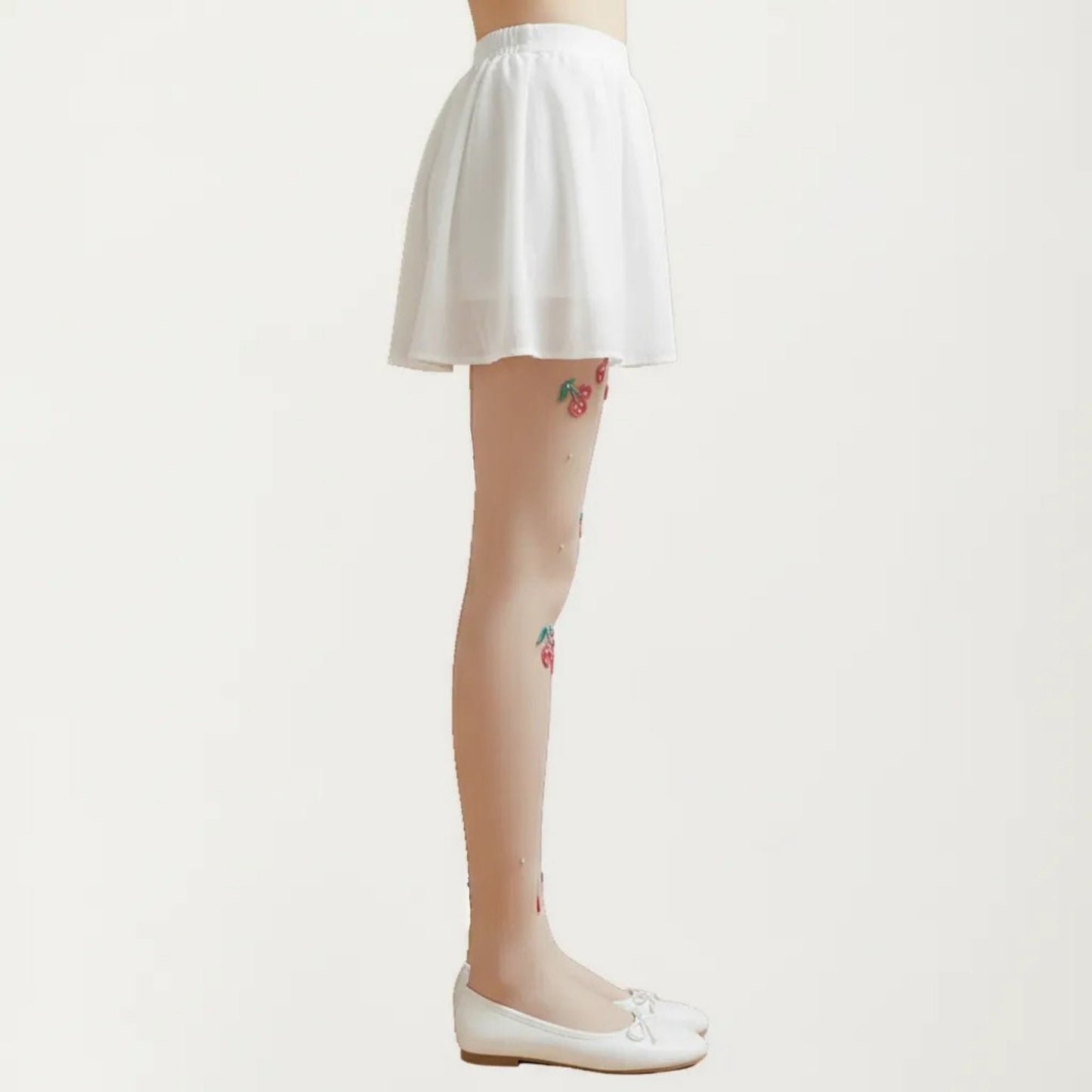 Sheer Cherry Embroidered Tights with Stretch Fit, Lightweight Pantyhose Stockings
