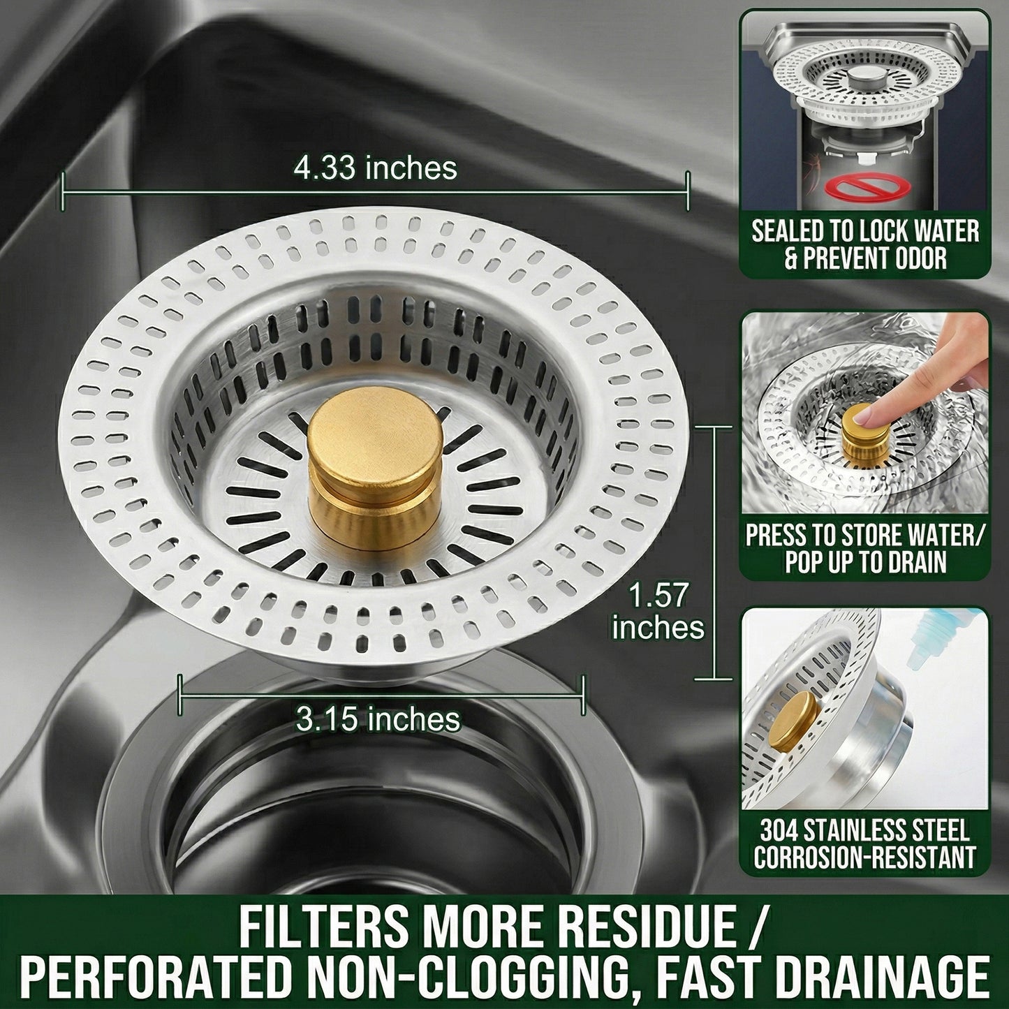 Stainless Steel Sink Strainer with Removable Basket Anti Clog Kitchen Drain Filter Durable Resistant