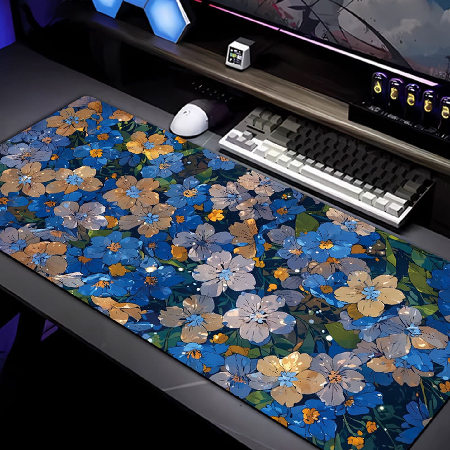 Gaming Mouse Pad Desk Mat with Floral Print Stitched Edges for Keyboard and Laptop
