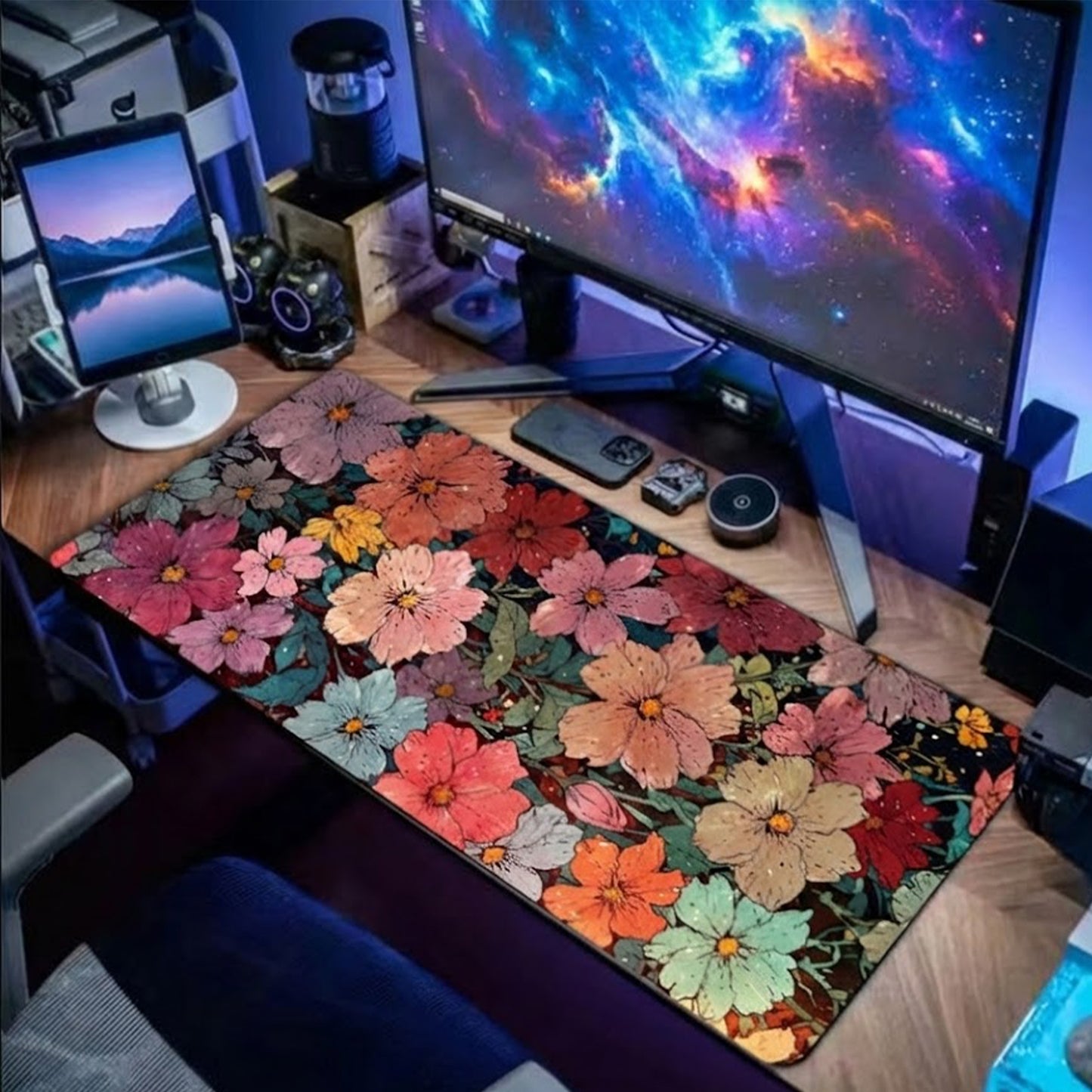Gaming Mouse Pad Desk Mat with Floral Print Stitched Edges for Keyboard and Laptop