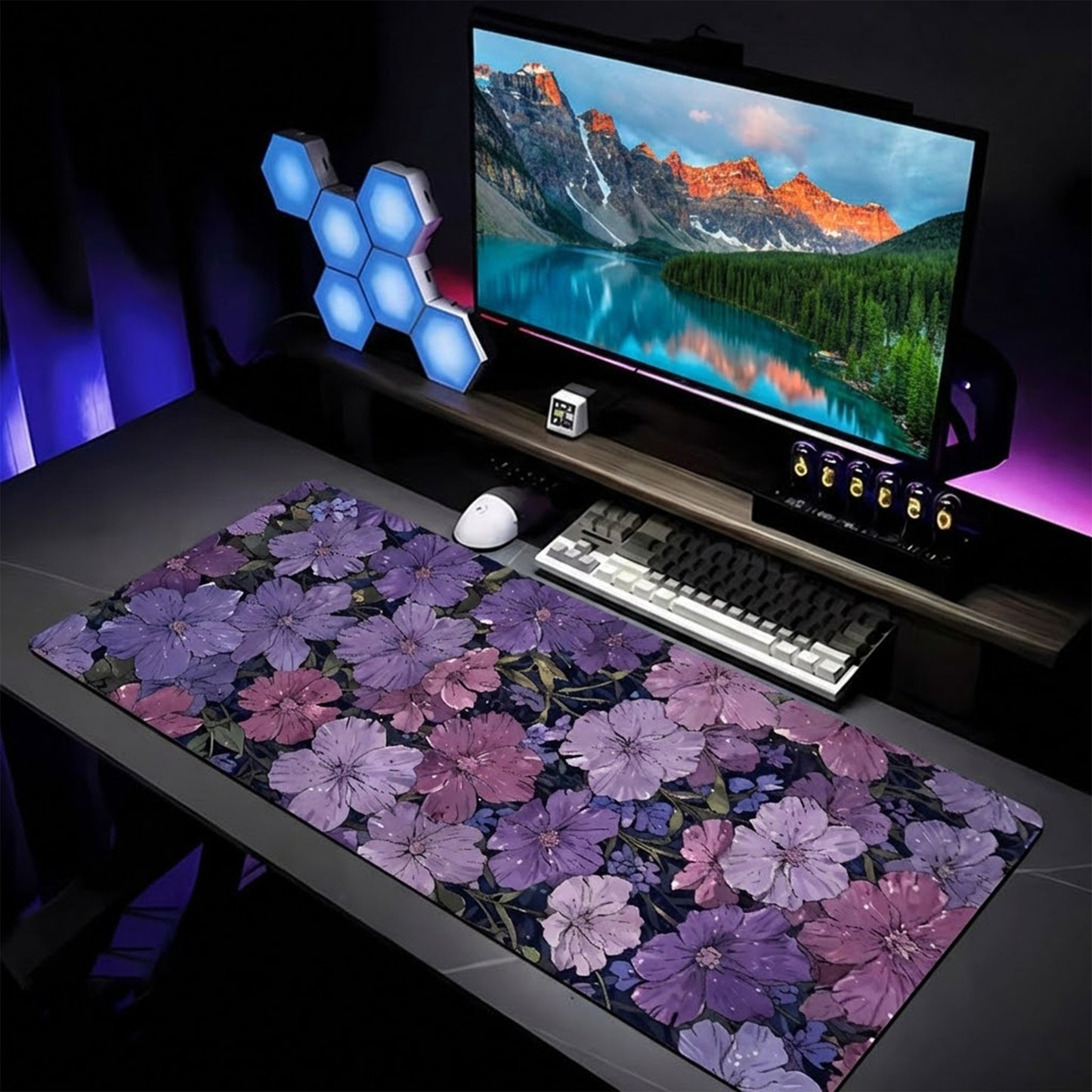 Gaming Mouse Pad Desk Mat with Floral Print Stitched Edges for Keyboard and Laptop