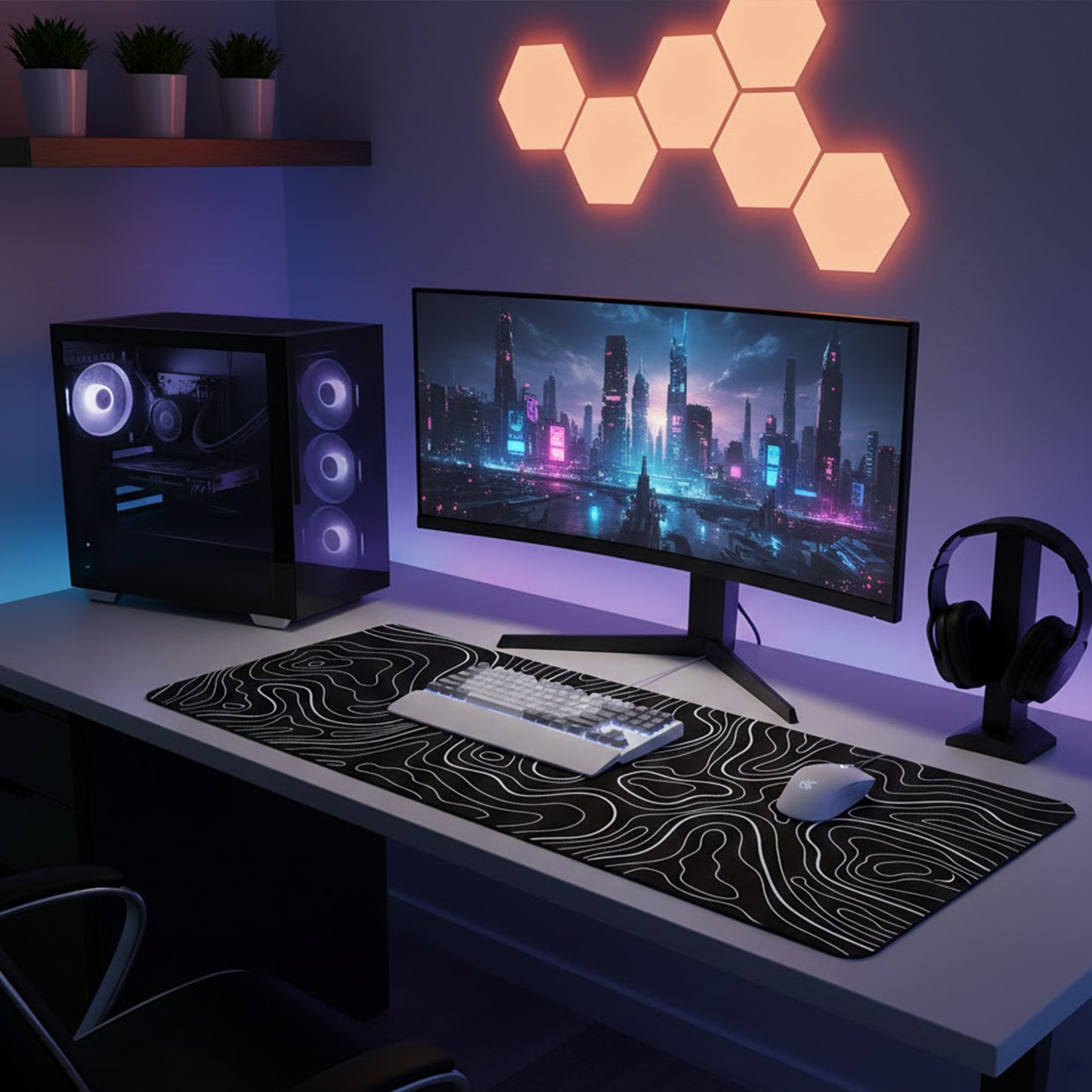 Extended Gaming Mouse Pad Large Desk Mat with Modern Topographic Pattern for Office