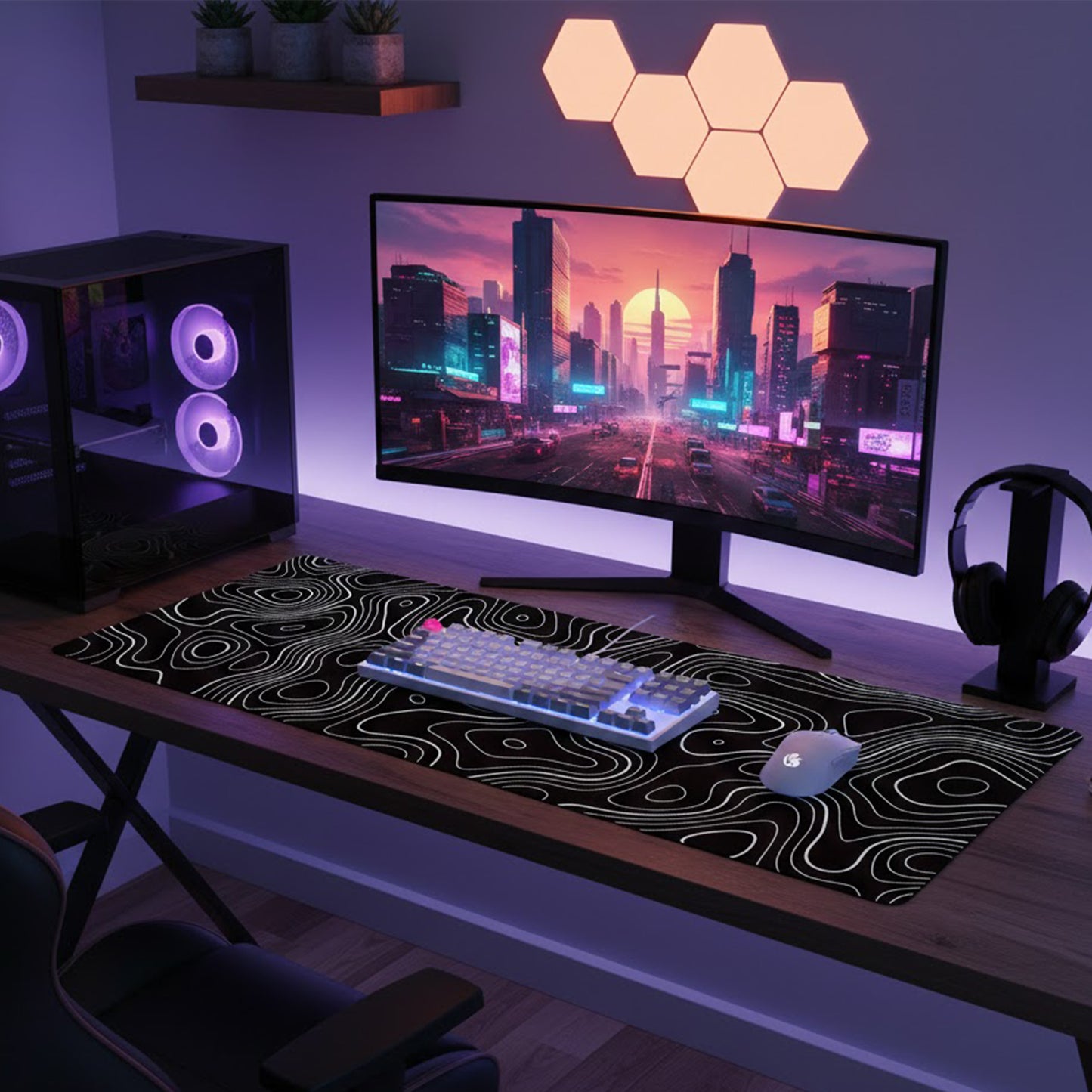 Extended Gaming Mouse Pad Large Desk Mat with Modern Topographic Pattern for Office