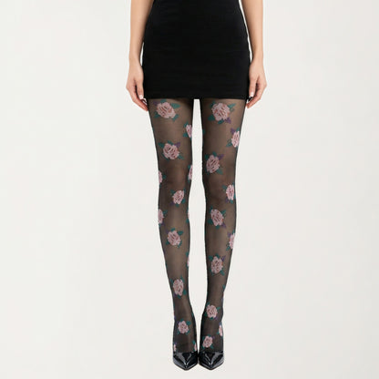 Sheer Floral Pattern Tights with All Over Rose Print Design Stretch Knit Hosiery Pantyhose