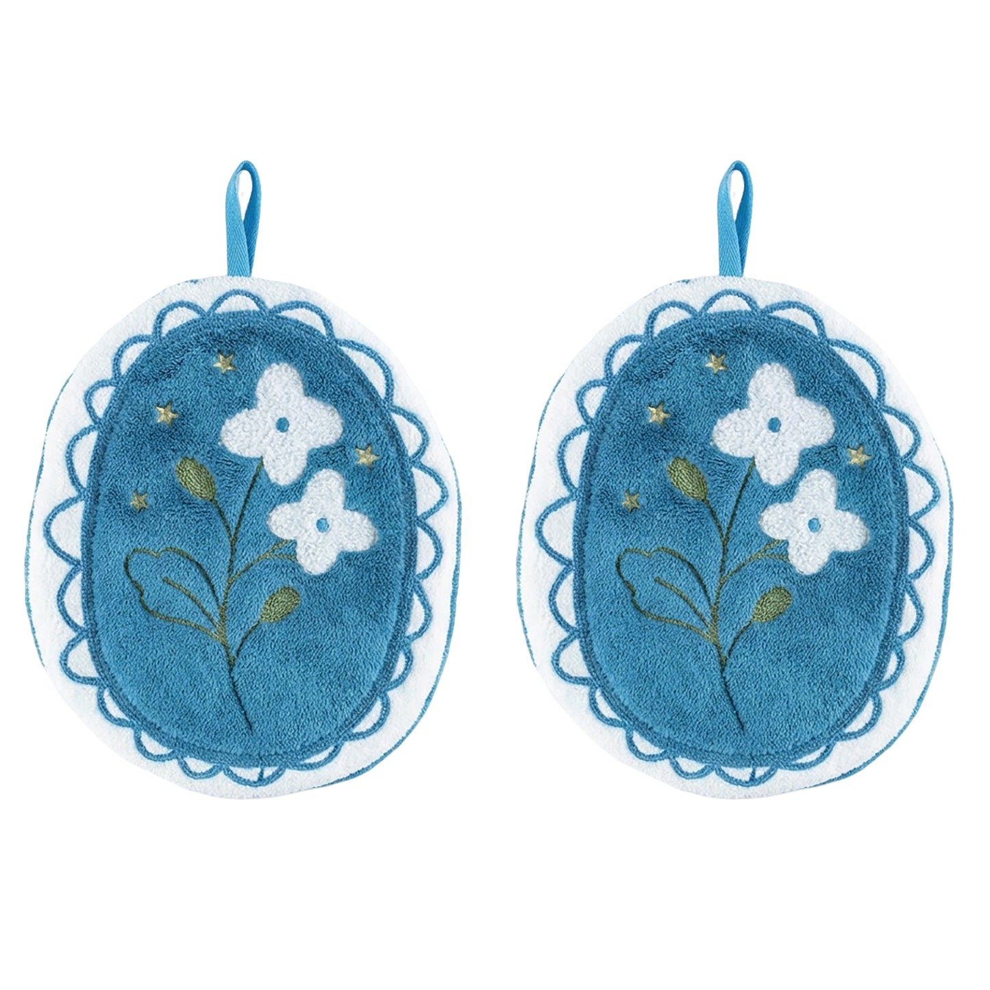 2 Pack Coral Fleece Hanging Hand Towels Floral Design Soft Kitchen Bathroom Hand Towels