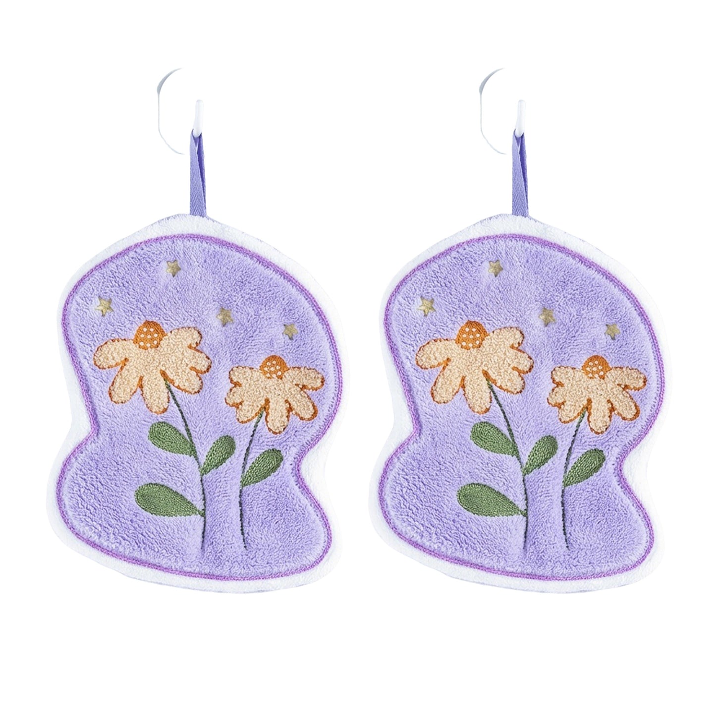 2 Pack Coral Fleece Hanging Hand Towels Floral Design Soft Kitchen Bathroom Hand Towels