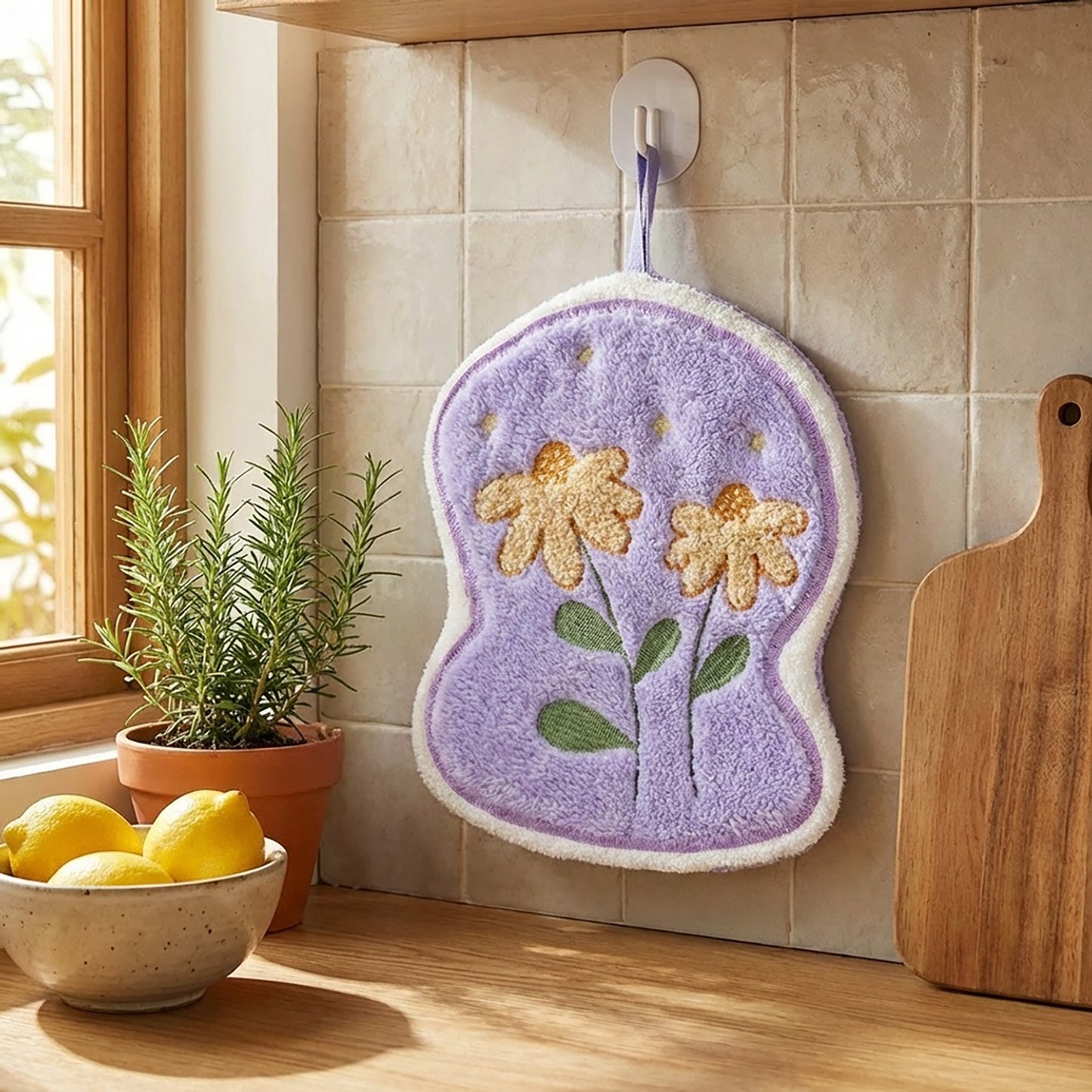 2 Pack Coral Fleece Hanging Hand Towels Floral Design Soft Kitchen Bathroom Hand Towels