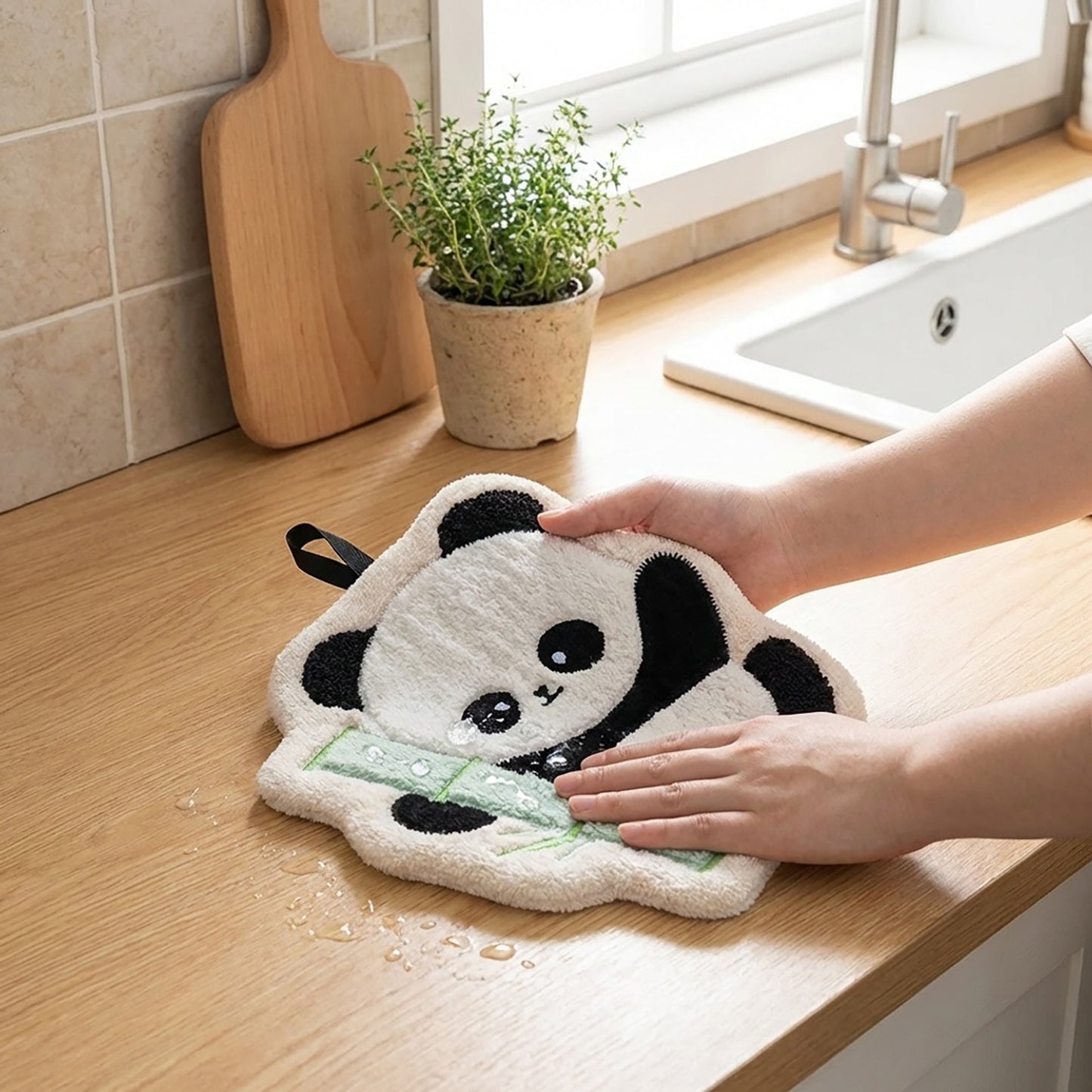 2 Pack Coral Fleece Hand Towels Cute Panda Design Soft Absorbent Kitchen Bathroom Quick Dry