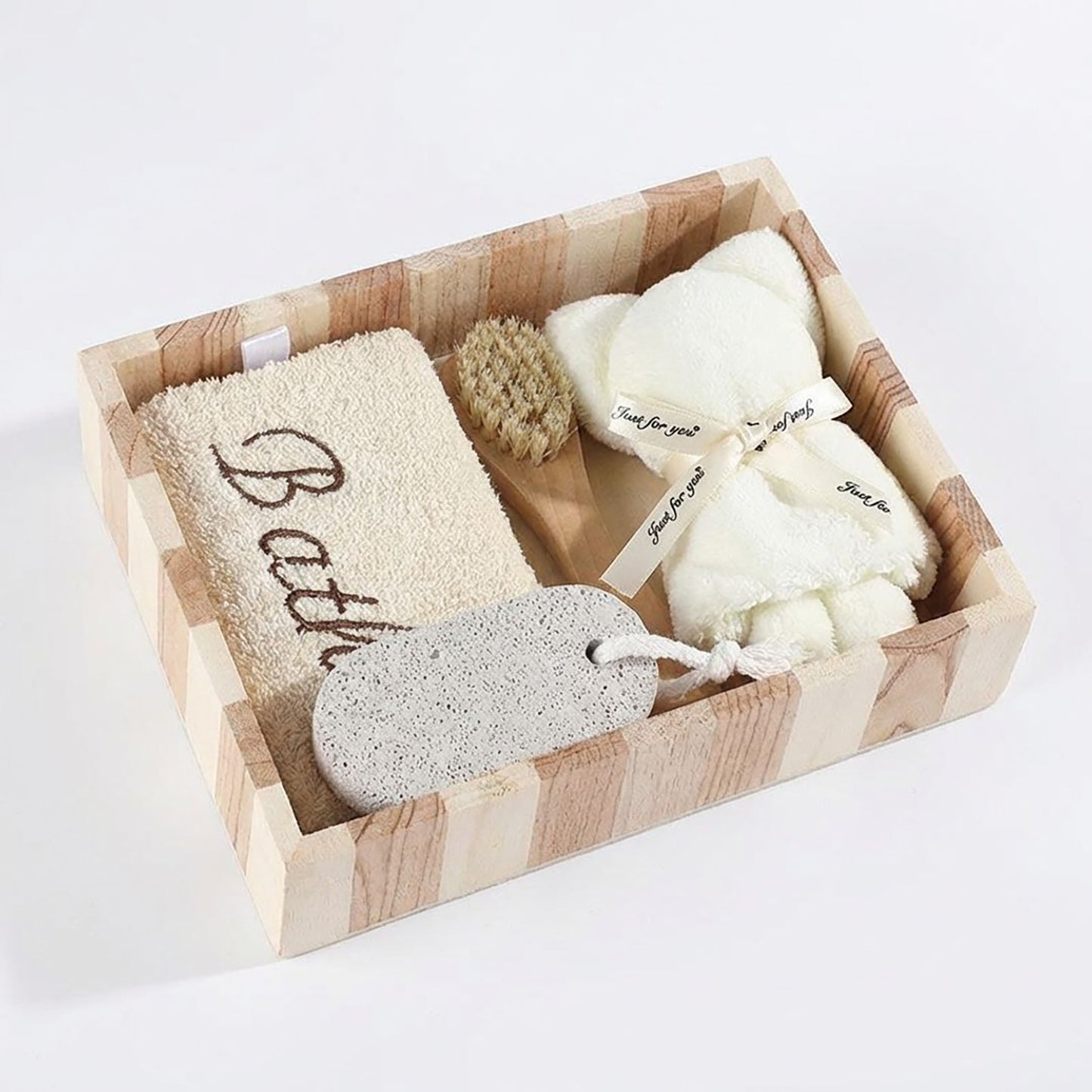 Spa Bath Set with Wooden Tray Body Brush Pumice Stone Soft Towel and Bath Sponge
