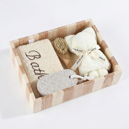 Spa Bath Set with Wooden Tray Body Brush Pumice Stone Soft Towel and Bath Sponge