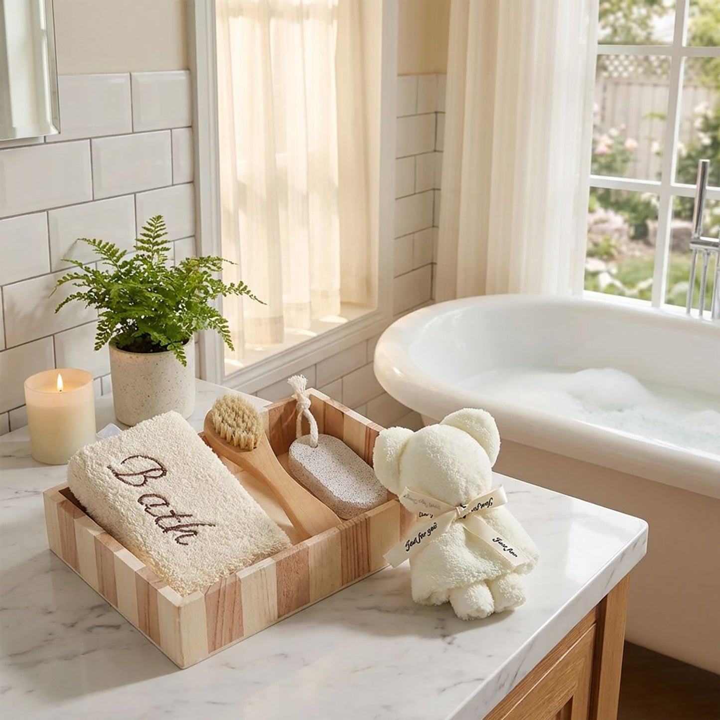 Spa Bath Set with Wooden Tray Body Brush Pumice Stone Soft Towel and Bath Sponge