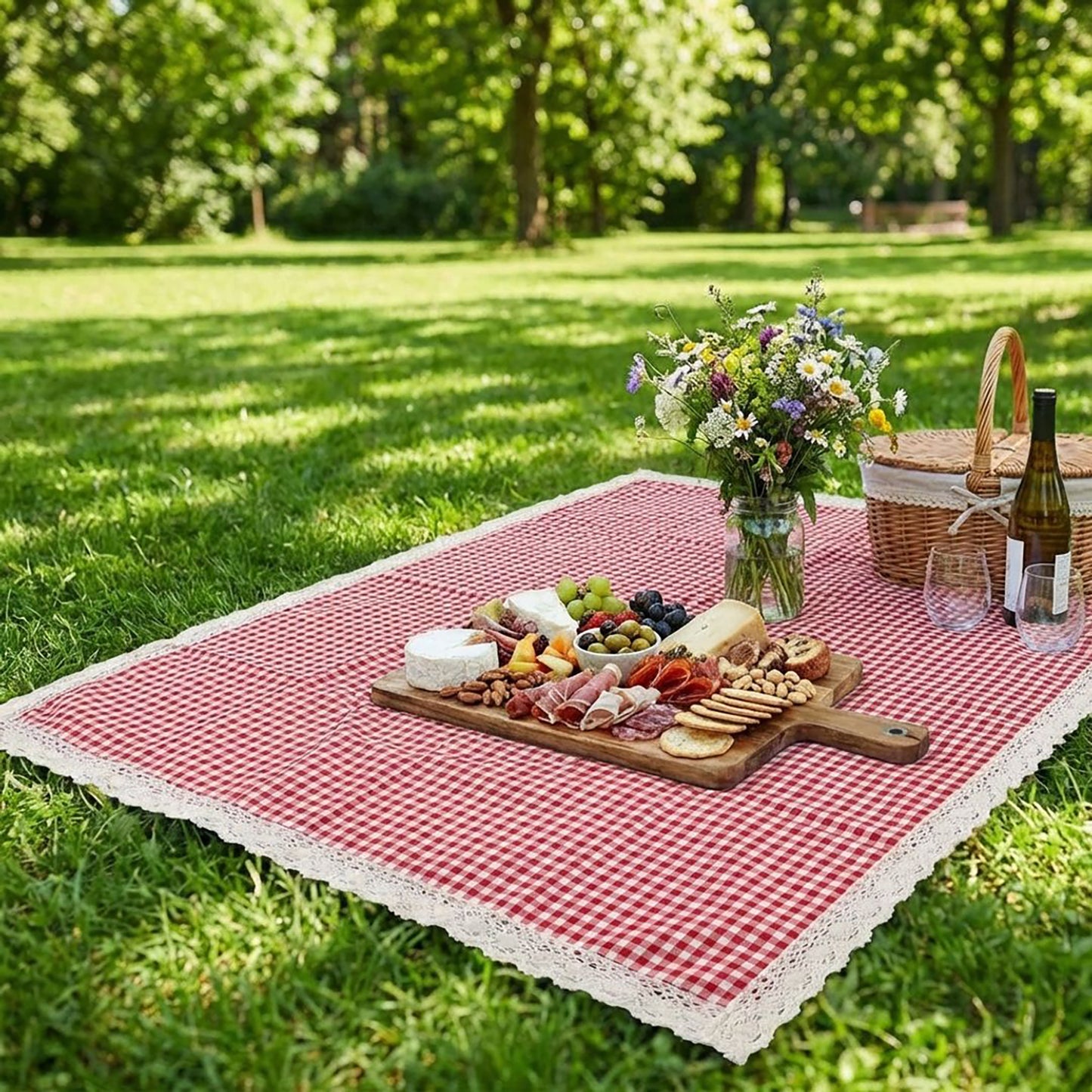 Gingham Picnic Blanket Outdoor Picnic Mat with Lace Trim for Park Beach Camping