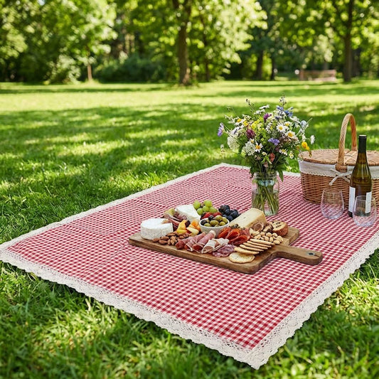 Gingham Picnic Blanket Outdoor Picnic Mat with Lace Trim for Park Beach Camping