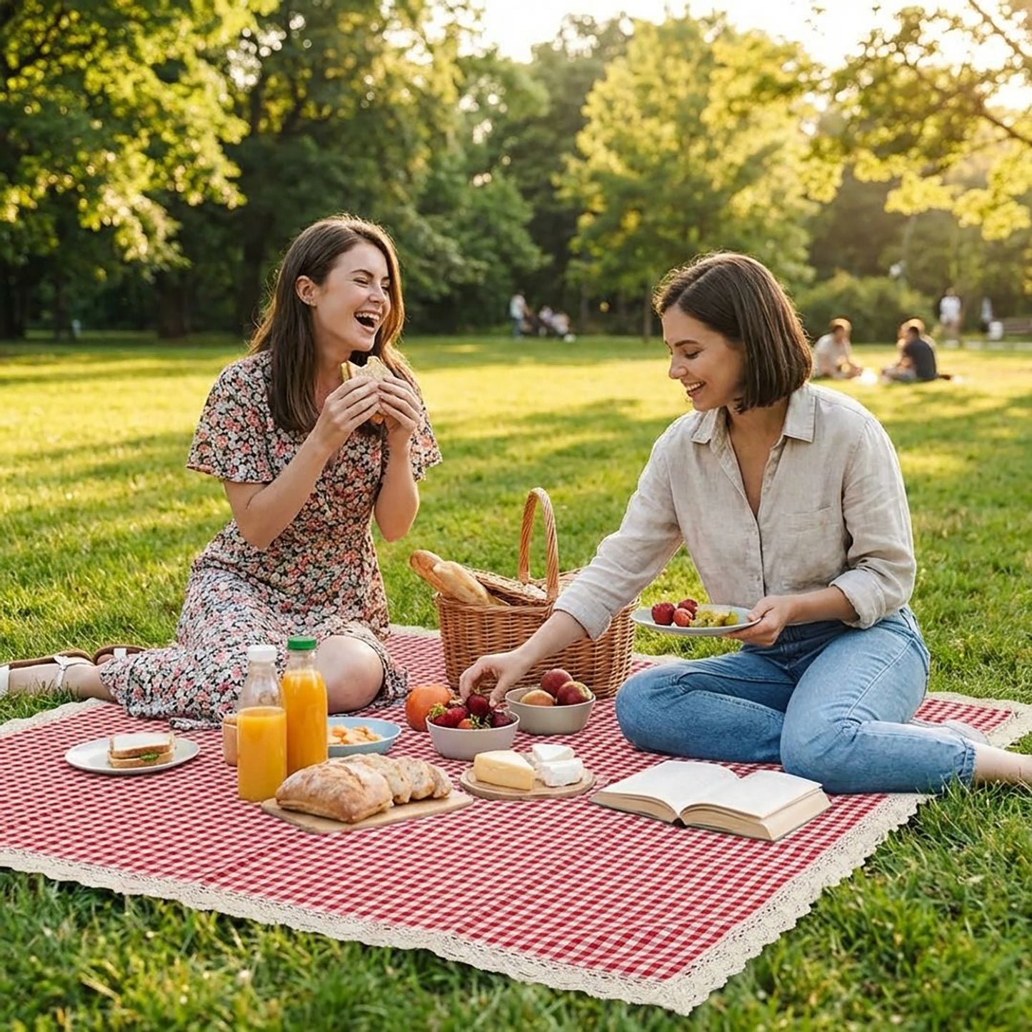 Gingham Picnic Blanket Outdoor Picnic Mat with Lace Trim for Park Beach Camping