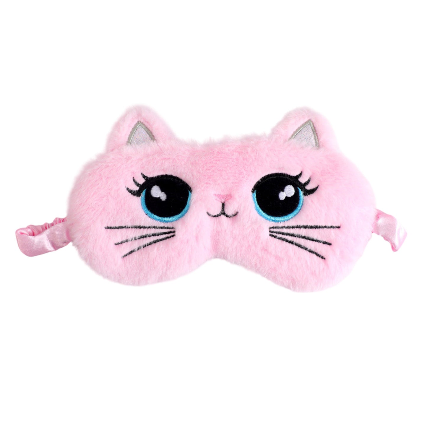 Plush Cat Face Sleep Mask Soft Faux Fur Eye Cover with Embroidered Design Elastic Satin Strap