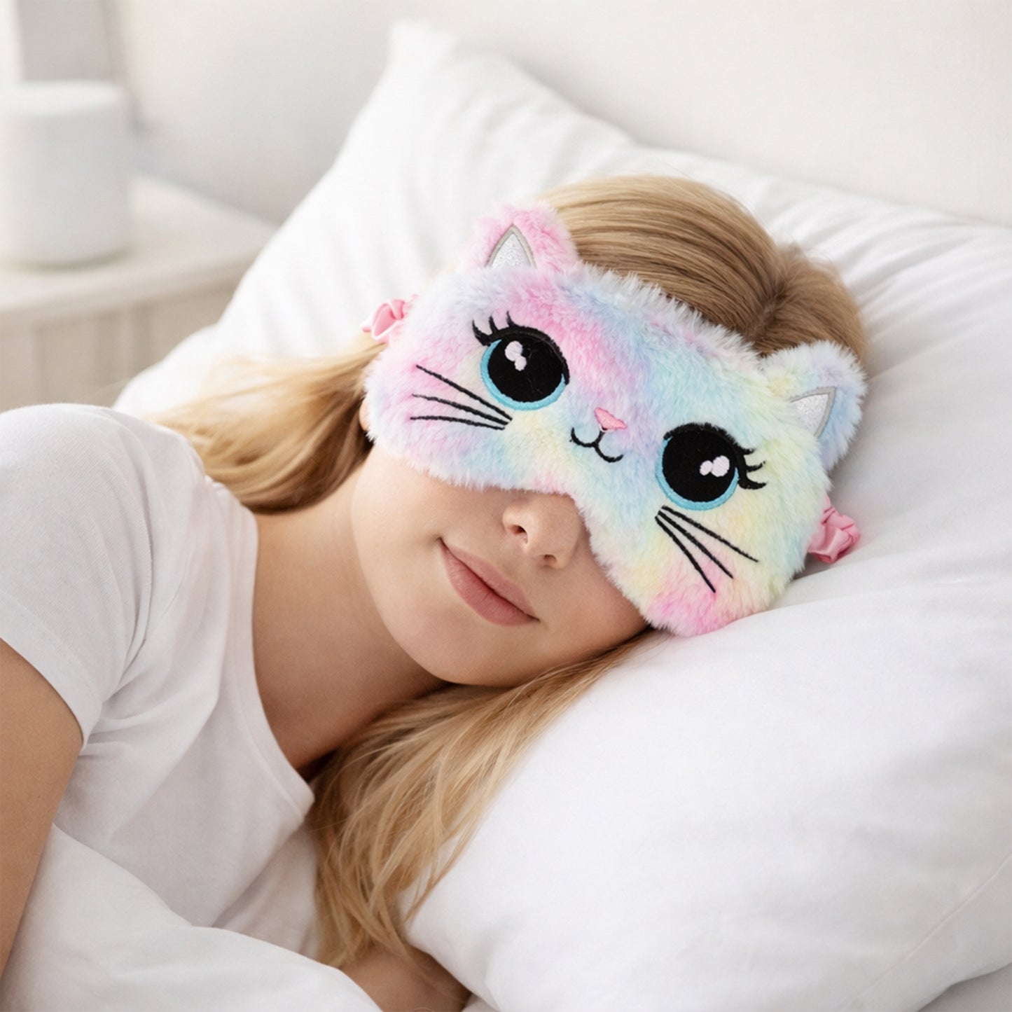 Plush Cat Face Sleep Mask Soft Faux Fur Eye Cover with Embroidered Design Elastic Satin Strap