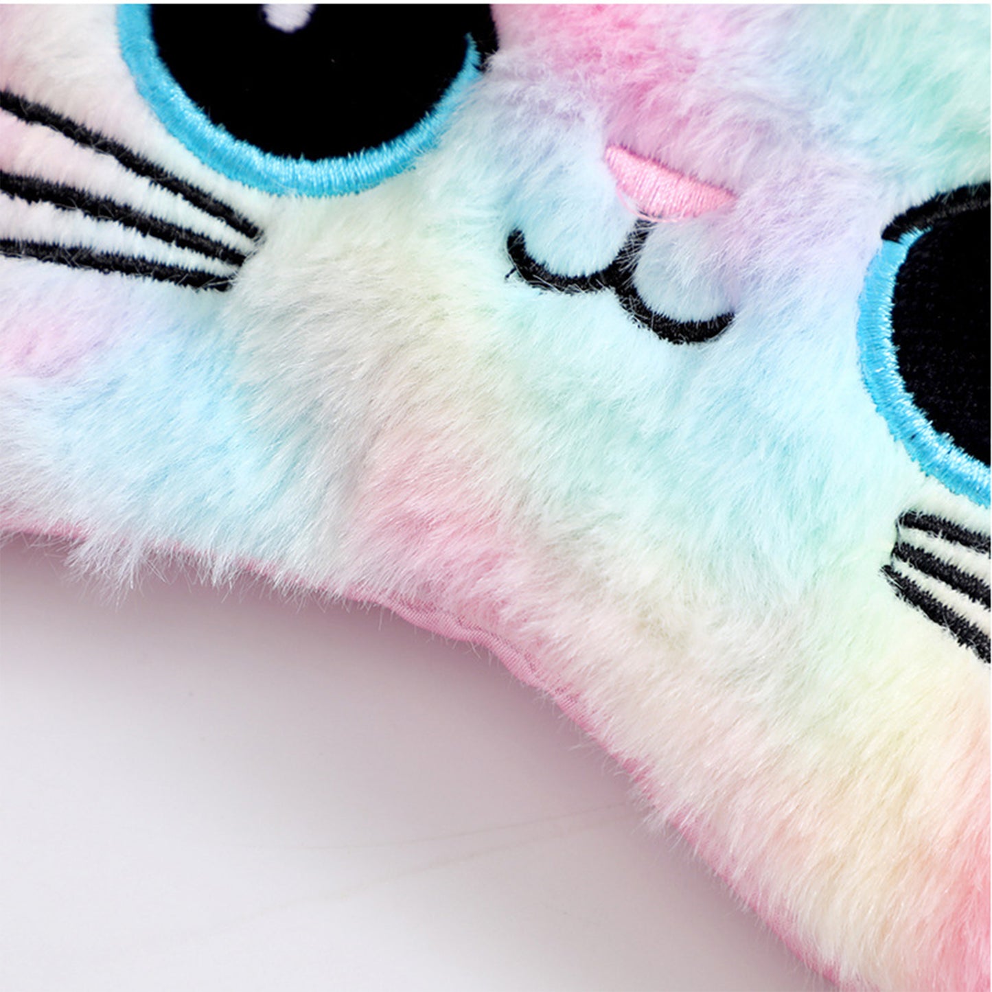 Plush Cat Face Sleep Mask Soft Faux Fur Eye Cover with Embroidered Design Elastic Satin Strap