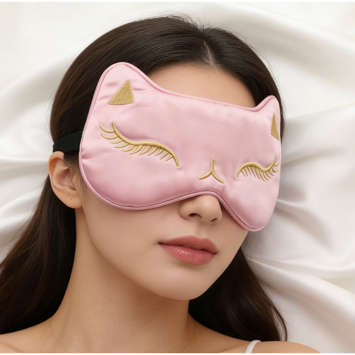 Cat Embroidered Silk Sleep Mask Adjustable Strap Soft Eye Mask for Travel Nap Night Sleep Light