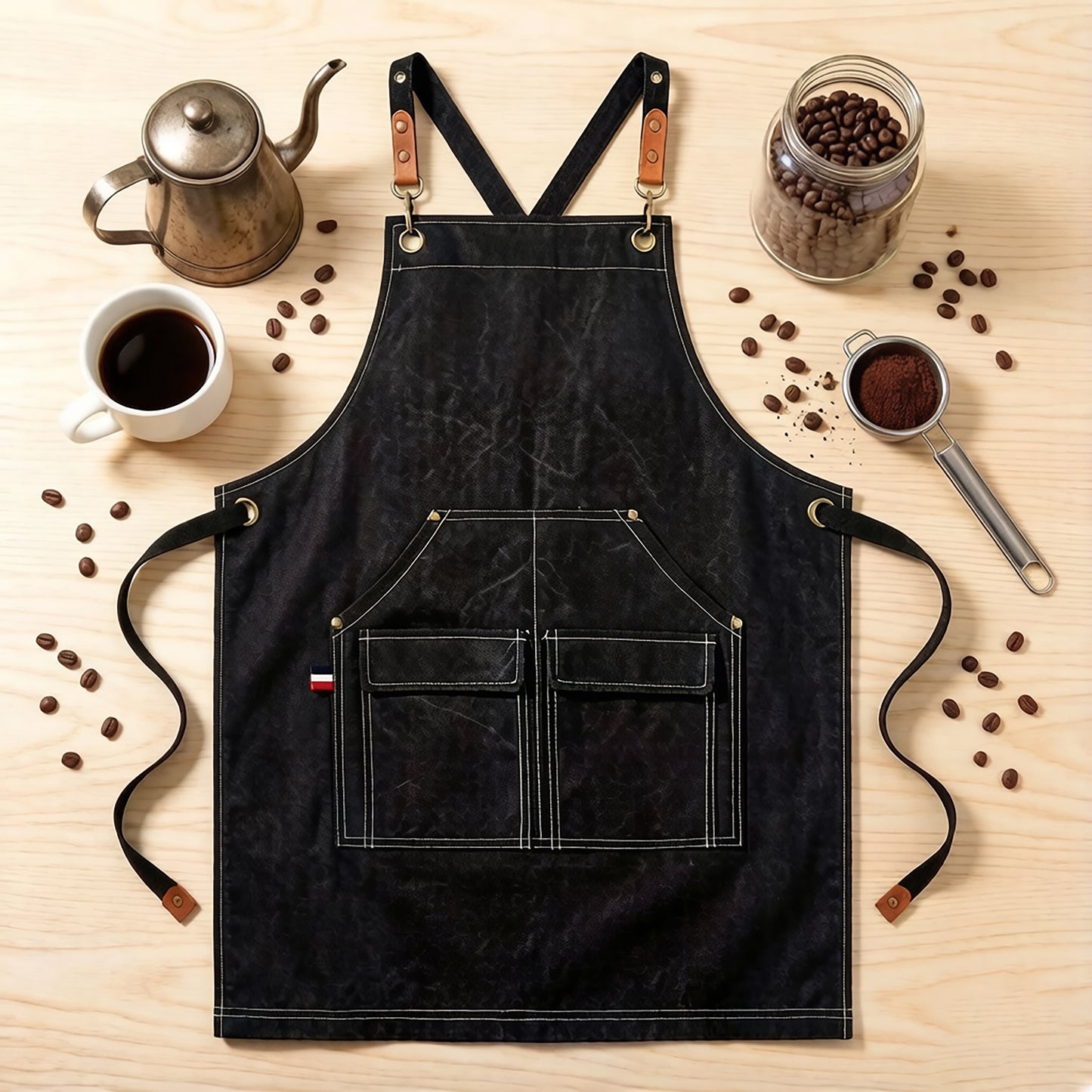 Cotton Kitchen Apron with Adjustable Cross Back Straps Multi Pocket Cooking Apron