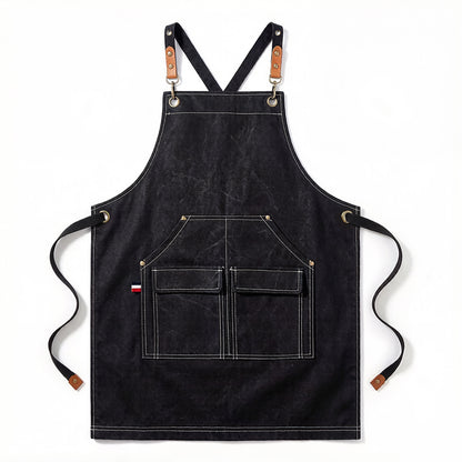 Cotton Kitchen Apron with Adjustable Cross Back Straps Multi Pocket Cooking Apron