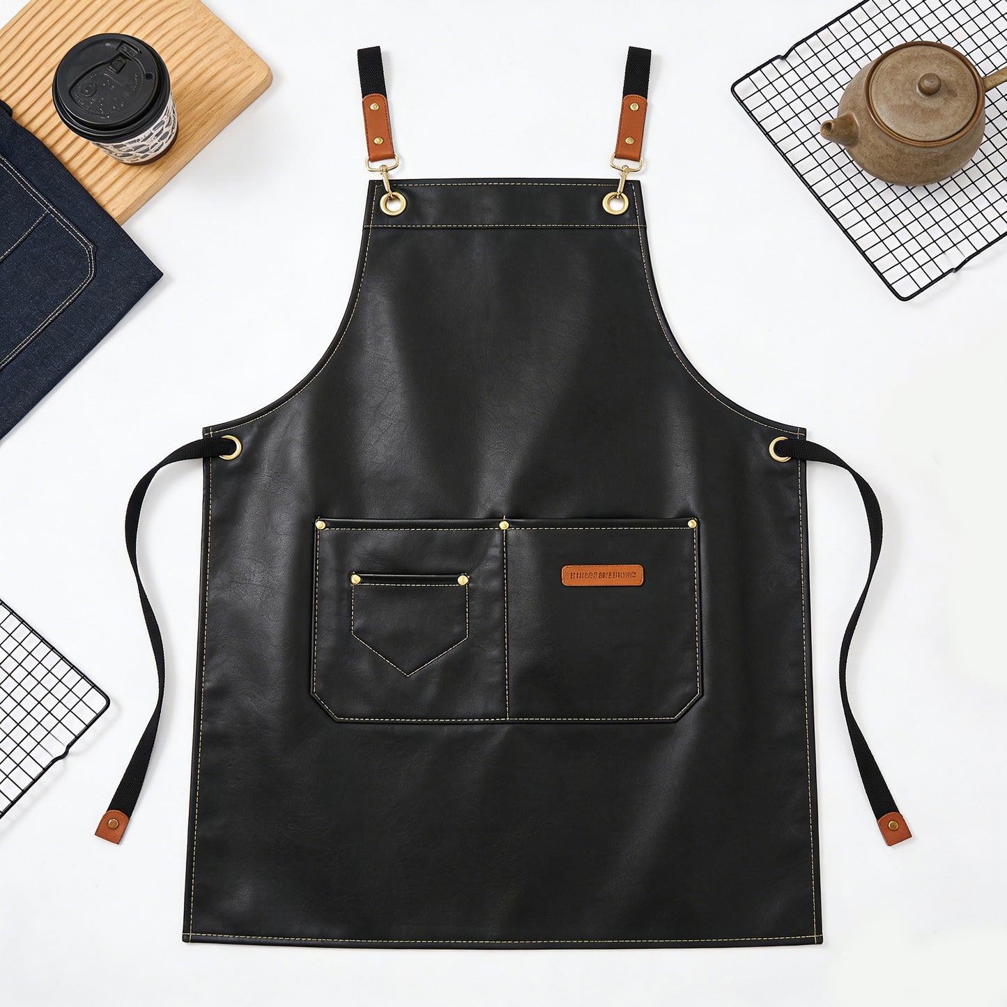 PU Leather Kitchen Apron with Multi Pocket Work Apron for Cooking Barista Grilling