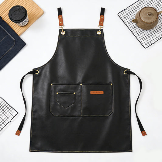 PU Leather Kitchen Apron with Multi Pocket Work Apron for Cooking Barista Grilling
