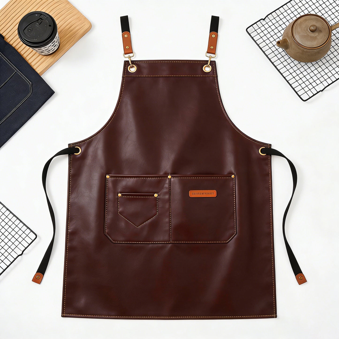 PU Leather Kitchen Apron with Multi Pocket Work Apron for Cooking Barista Grilling