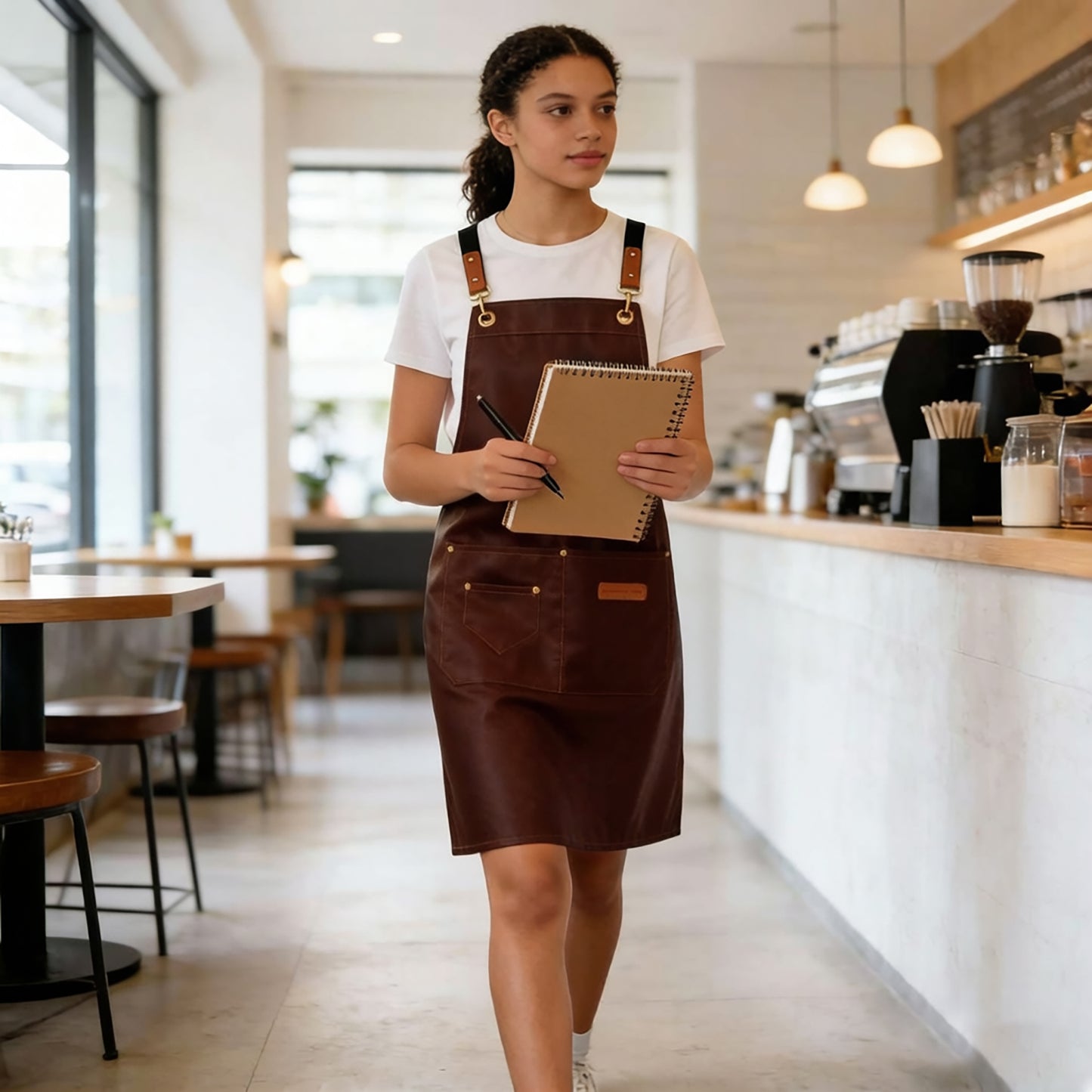 PU Leather Kitchen Apron with Multi Pocket Work Apron for Cooking Barista Grilling