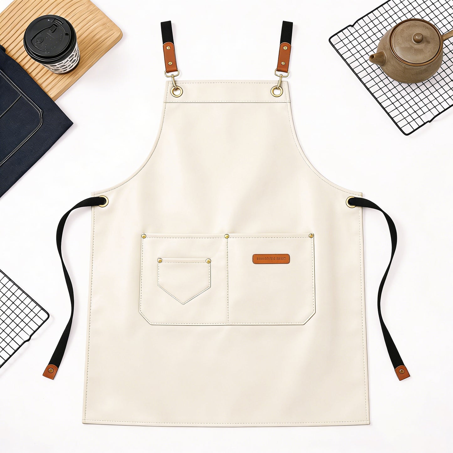 PU Leather Kitchen Apron with Multi Pocket Work Apron for Cooking Barista Grilling
