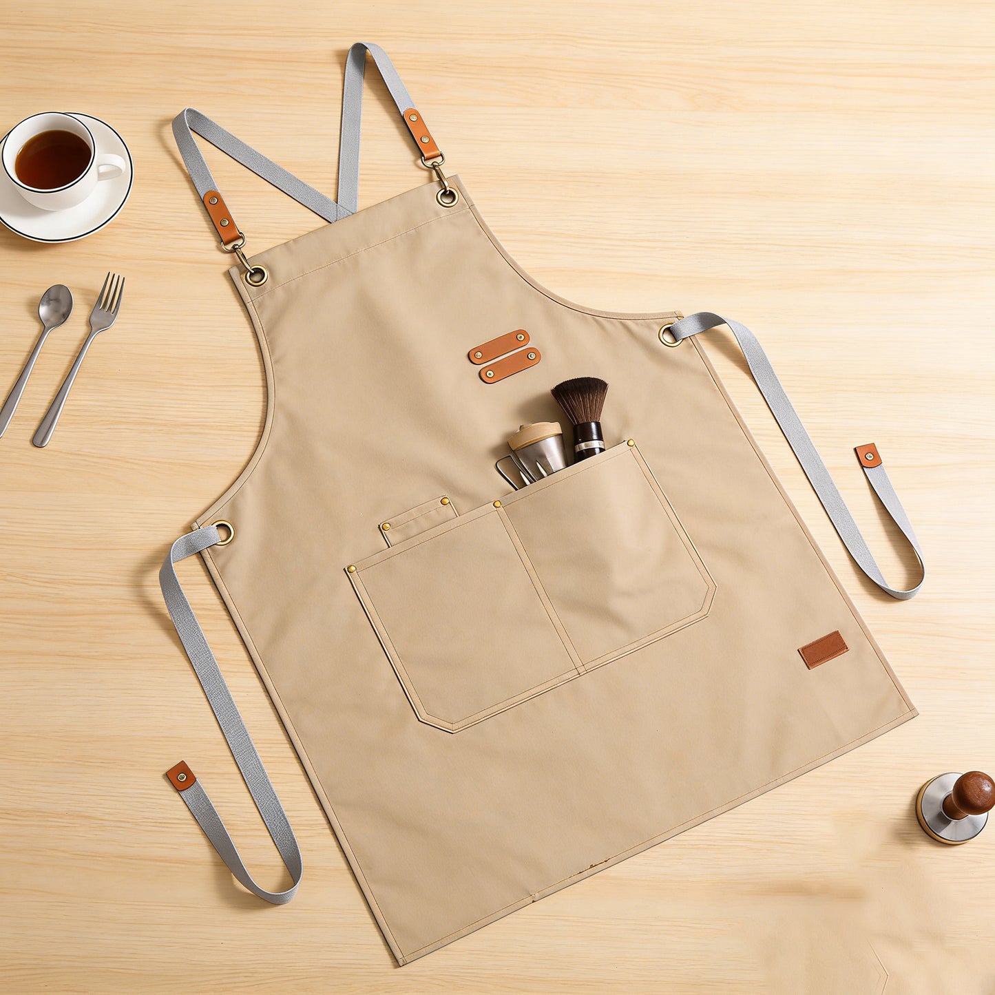 PU Leather Kitchen Apron with Adjustable Cross Back Straps Multi Pocket Work Apron for Cooking