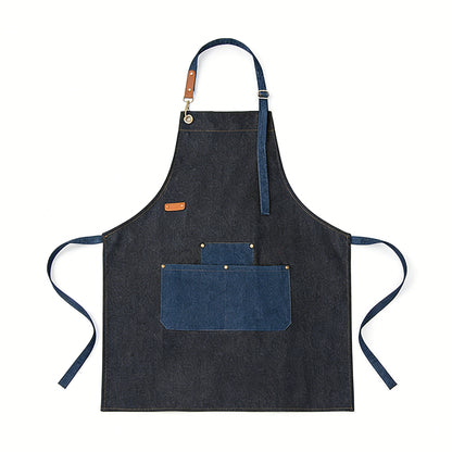 Denim Kitchen Apron with Adjustable Neck Strap Multi Pocket Work Apron for Cooking Baking Barista