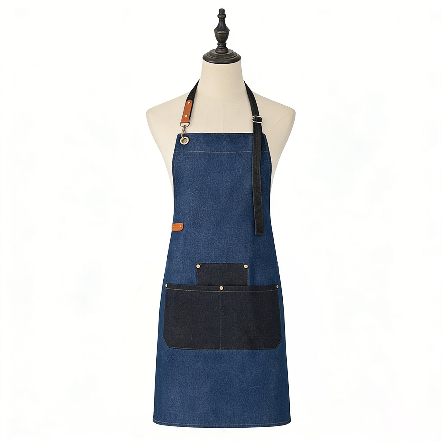 Denim Kitchen Apron with Adjustable Neck Strap Multi Pocket Work Apron for Cooking Baking Barista