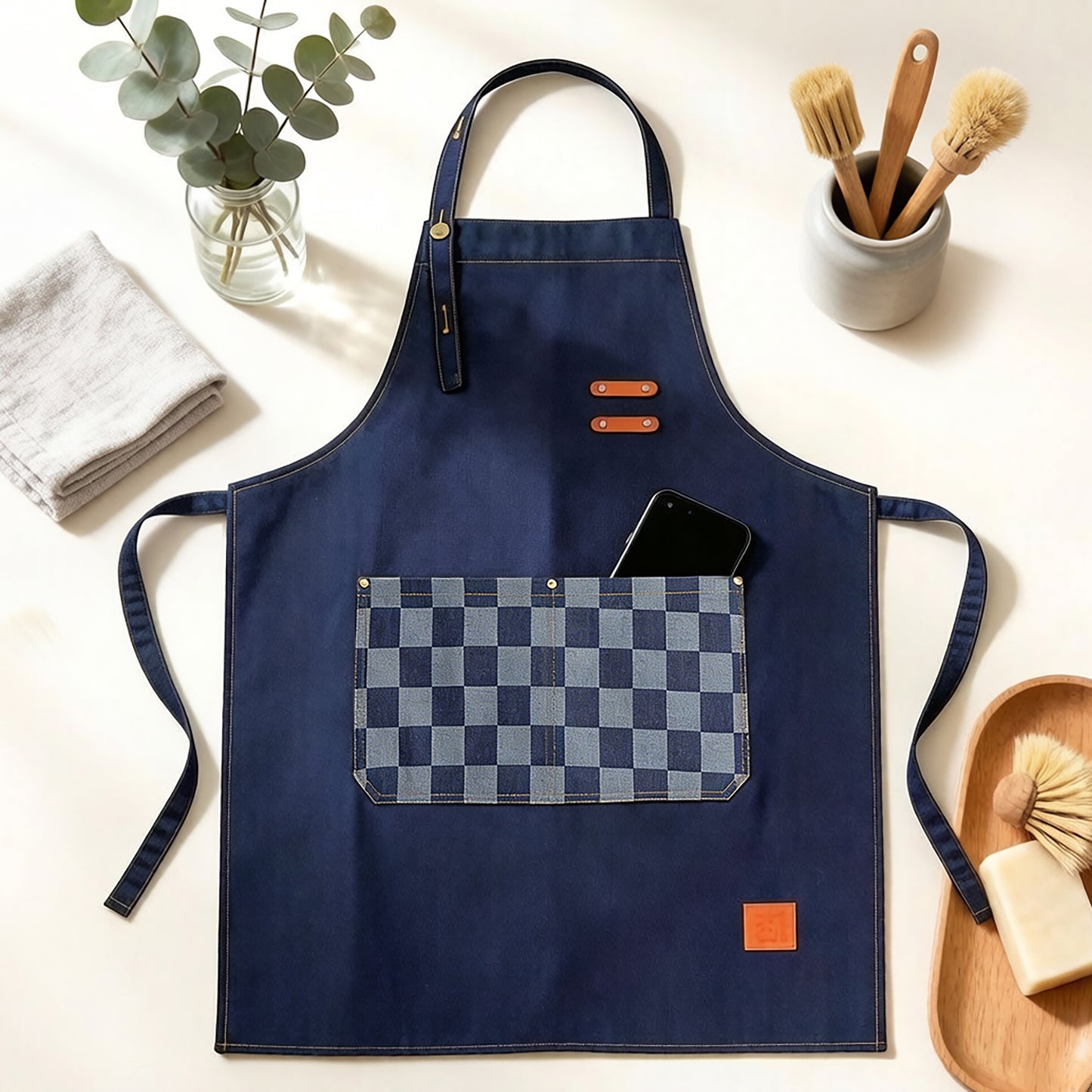 Denim Kitchen Apron with Adjustable Neck Strap Multi Pocket Work Apron for Cooking Baking Barista