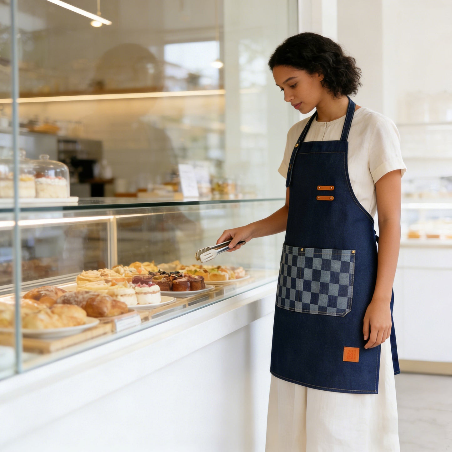 Denim Kitchen Apron with Adjustable Neck Strap Multi Pocket Work Apron for Cooking Baking Barista