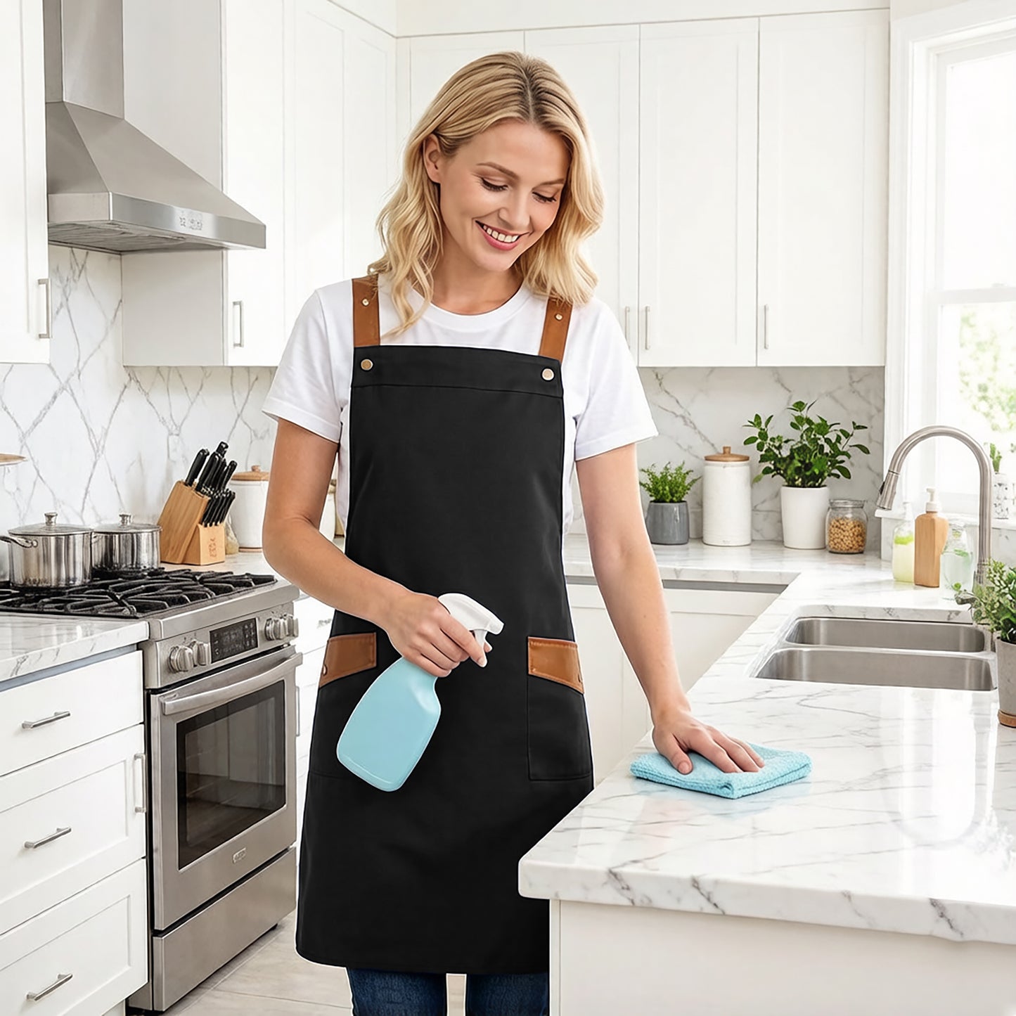 Canvas Kitchen Apron with Adjustable Shoulder Straps Multi Pocket Work Apron for Cooking Cleaning