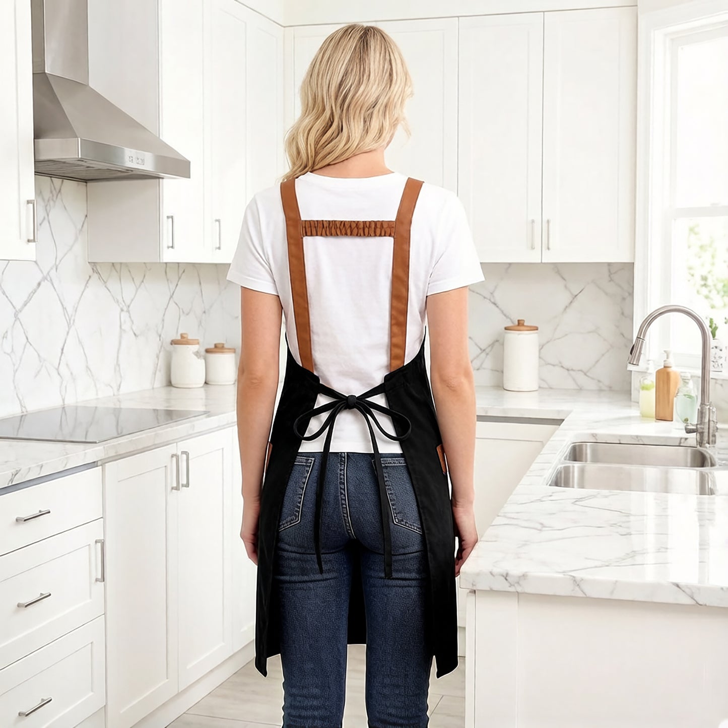 Canvas Kitchen Apron with Adjustable Shoulder Straps Multi Pocket Work Apron for Cooking Cleaning