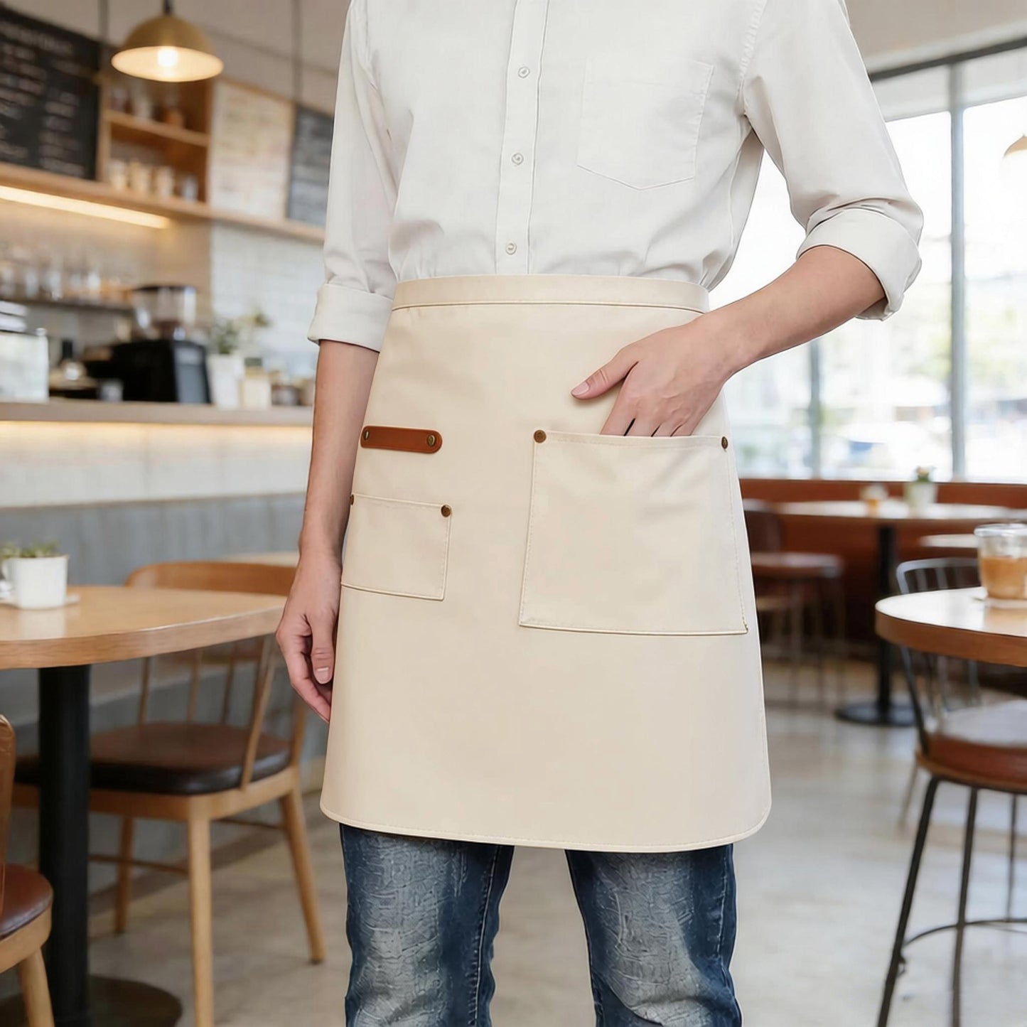 Waist Apron with Multiple Pockets Adjustable Tie Straps Half Apron for Cooking Serving Barista