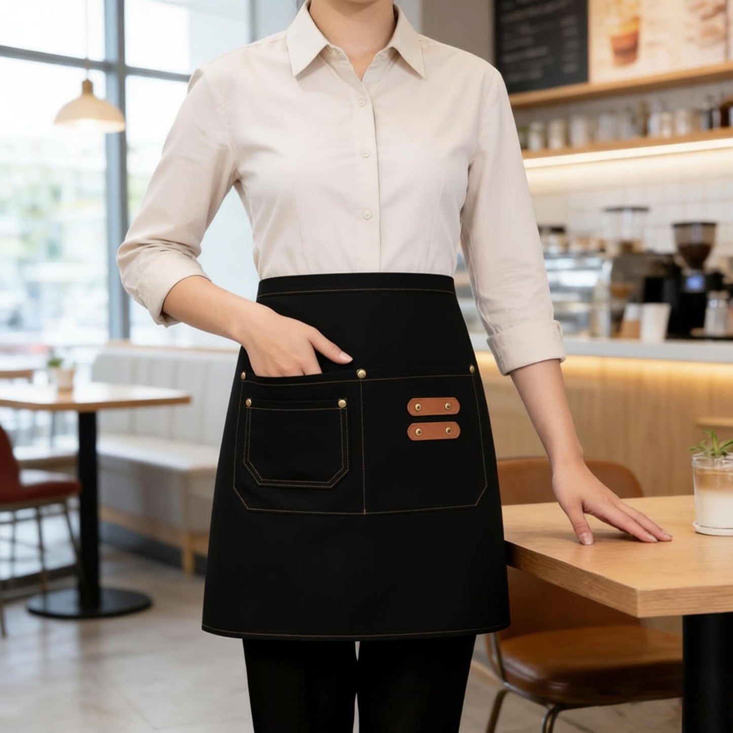 Waist Apron with Multi Pocket Storage Adjustable Tie Straps Half Apron for Kitchen Cooking Work