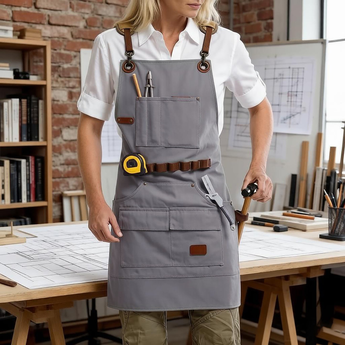 Canvas Work Apron with Multi Pocket Storage Adjustable Cross Back Straps Utility Apron