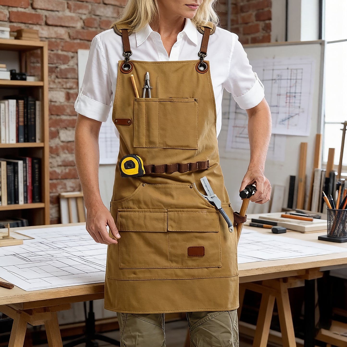 Canvas Work Apron with Multi Pocket Storage Adjustable Cross Back Straps Utility Apron