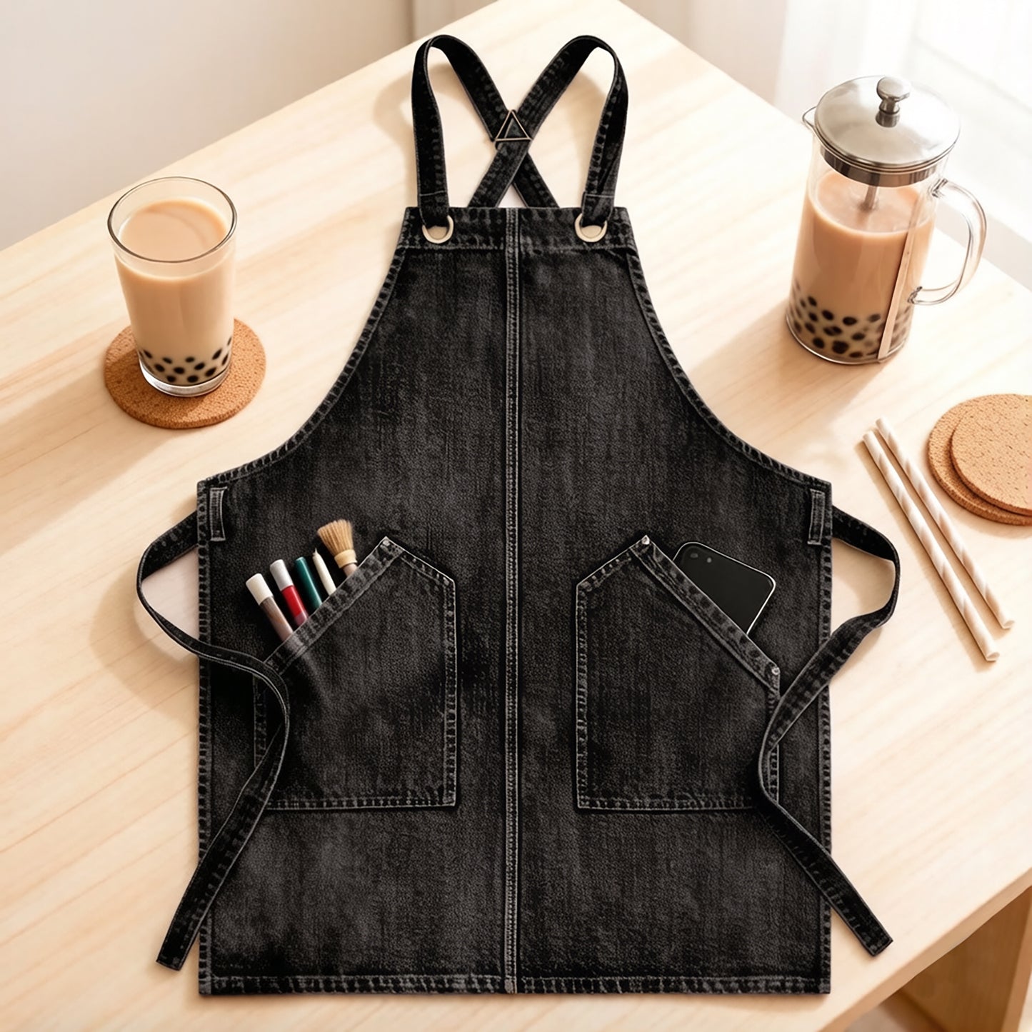 Denim Style Work Apron with Dual Front Pockets Utility Apron for Kitchen Cafe Workshop and Home Use