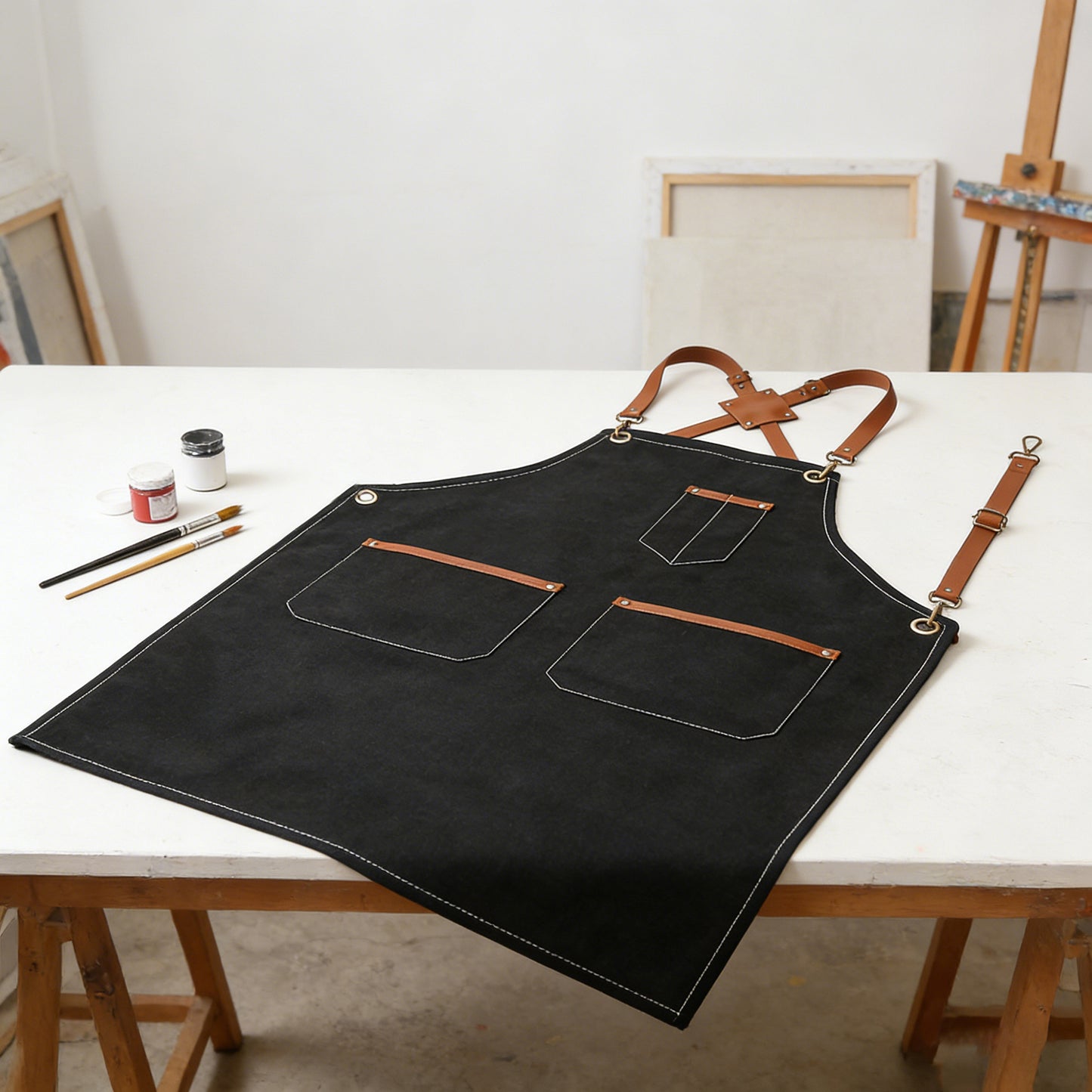 Denim Work Apron with Multi Pocket Utility Apron Full Coverage for Kitchen Studio Workshop and Home