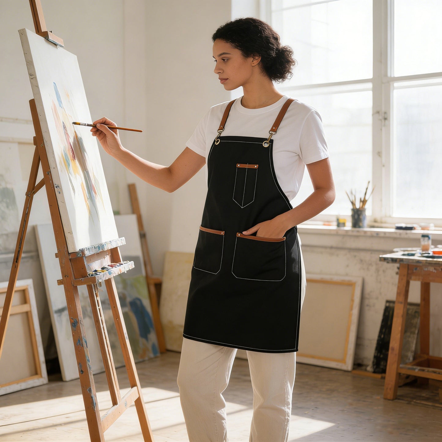 Denim Work Apron with Multi Pocket Utility Apron Full Coverage for Kitchen Studio Workshop and Home