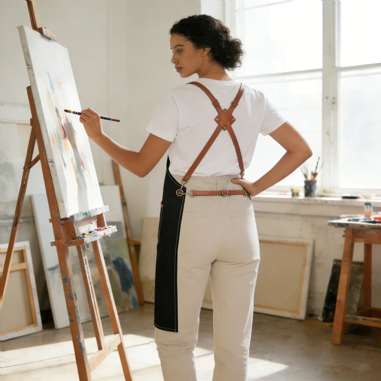 Denim Work Apron with Multi Pocket Utility Apron Full Coverage for Kitchen Studio Workshop and Home