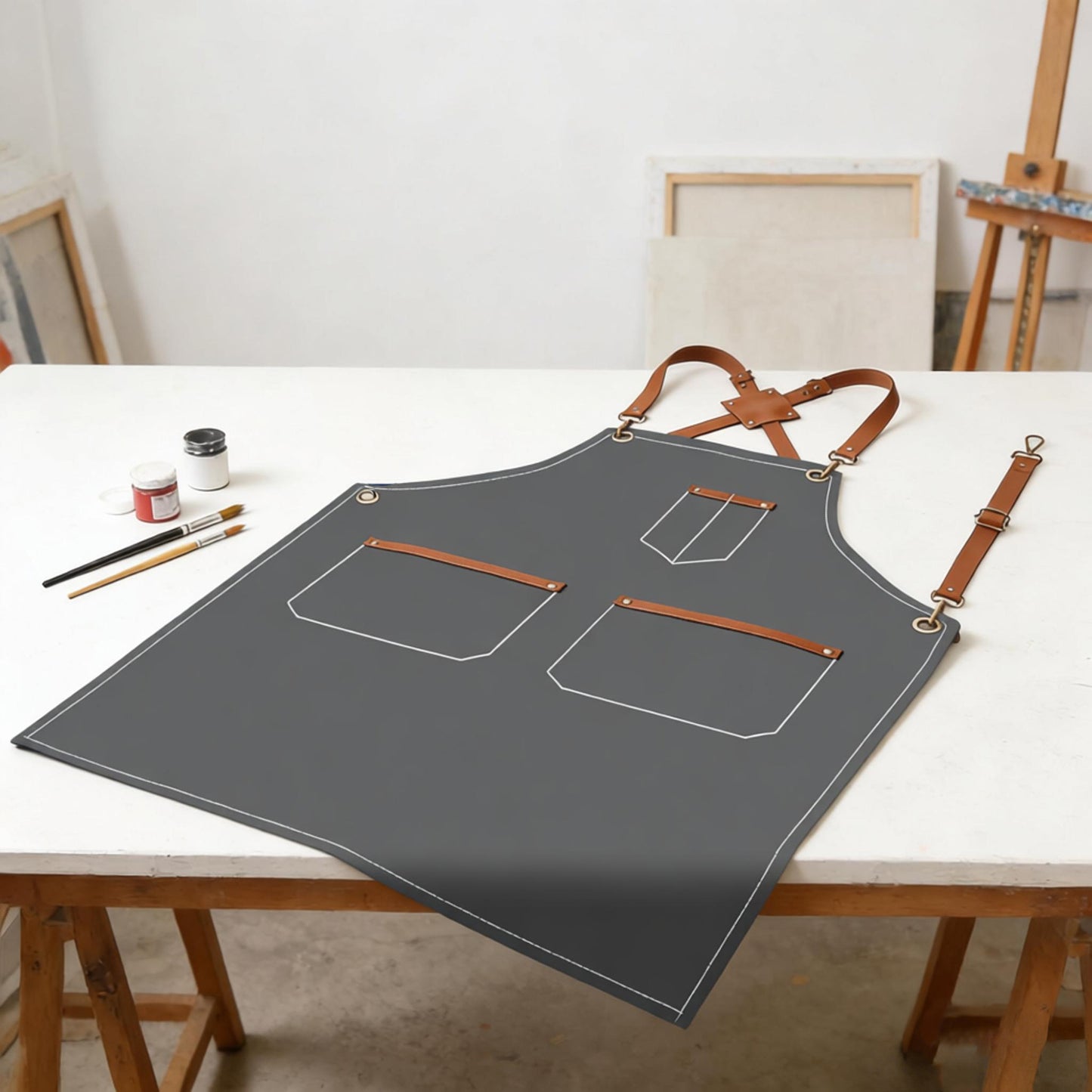 Denim Work Apron with Multi Pocket Utility Apron Full Coverage for Kitchen Studio Workshop and Home
