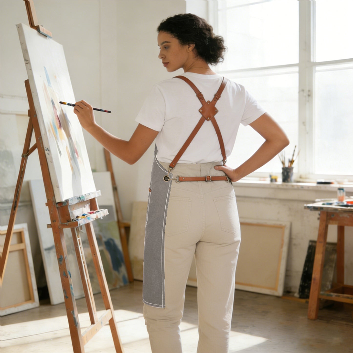 Denim Work Apron with Multi Pocket Utility Apron Full Coverage for Kitchen Studio Workshop and Home