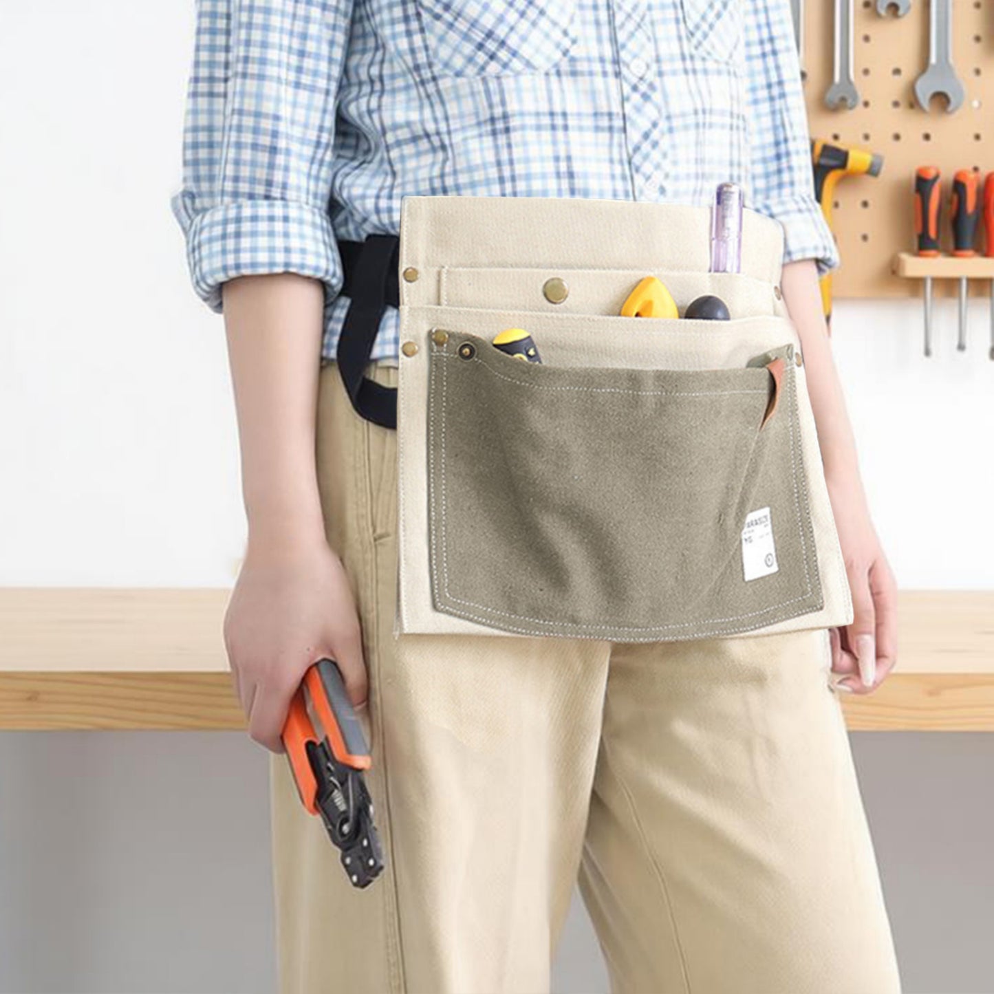 Multi Pocket Tool Waist Apron with Adjustable Strap Durable Canvas Utility Work Apron for Gardening